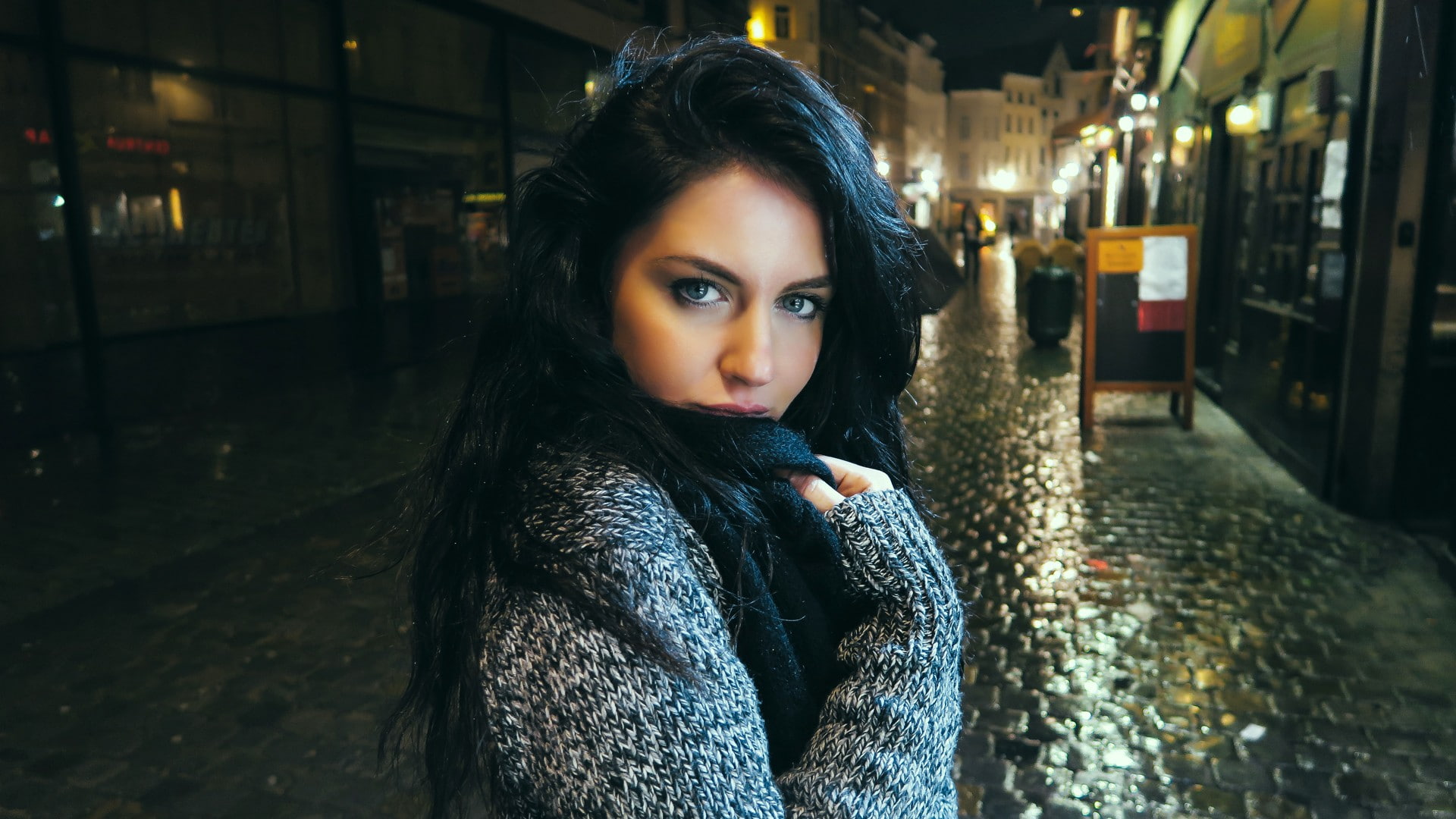 looking at viewer, urban, makeup, 1080P, black hair, women, David Olkarny, night, street, women outdoors, model, long hair, city, Aurela Skandaj, HD Wallpaper