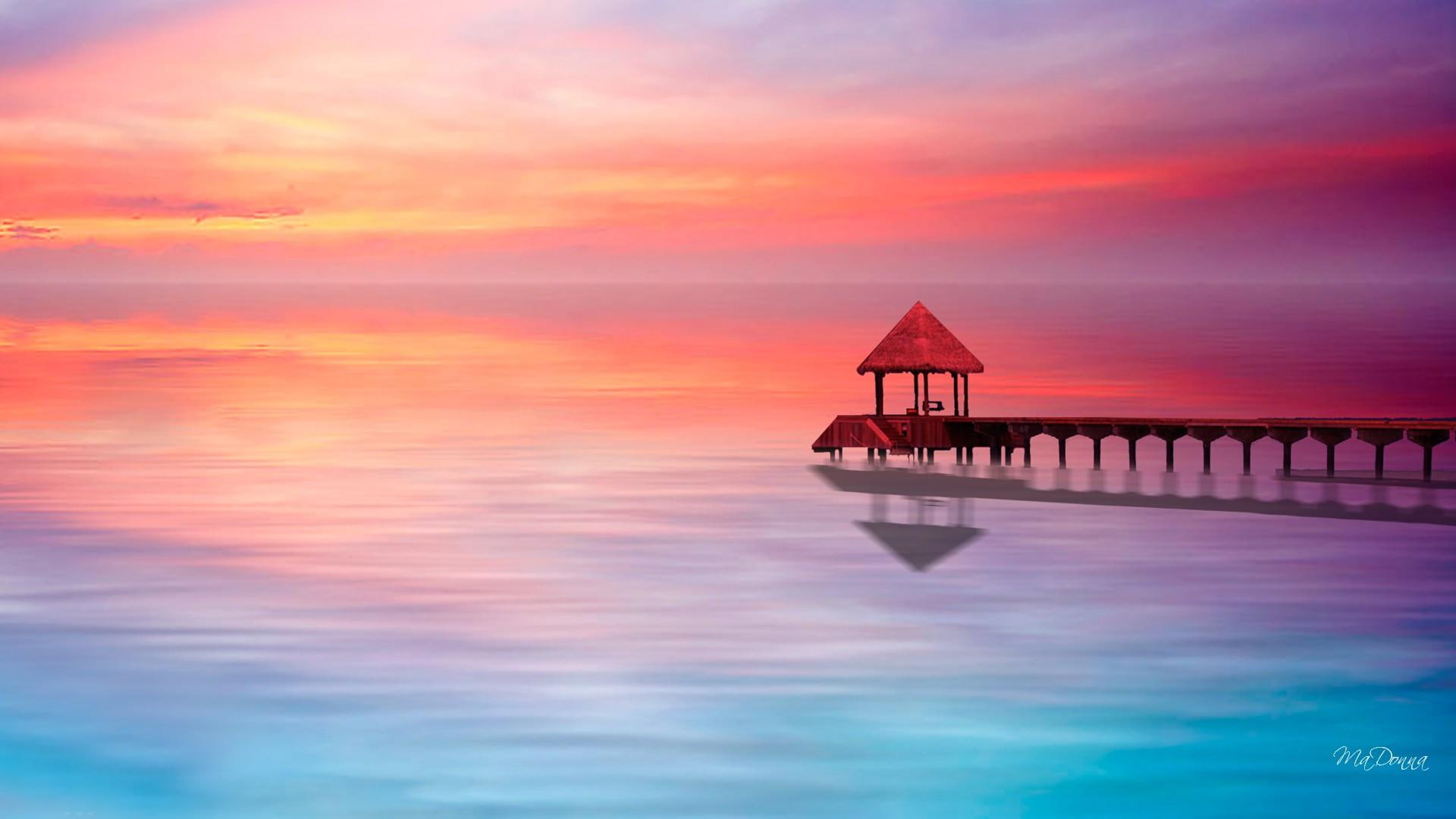 water, clouds, near, 3d and abstract, dock, brown, ocean, pastel, sunrise, bridge, sunset, cozy, dreaming, 1080P, HD Wallpaper