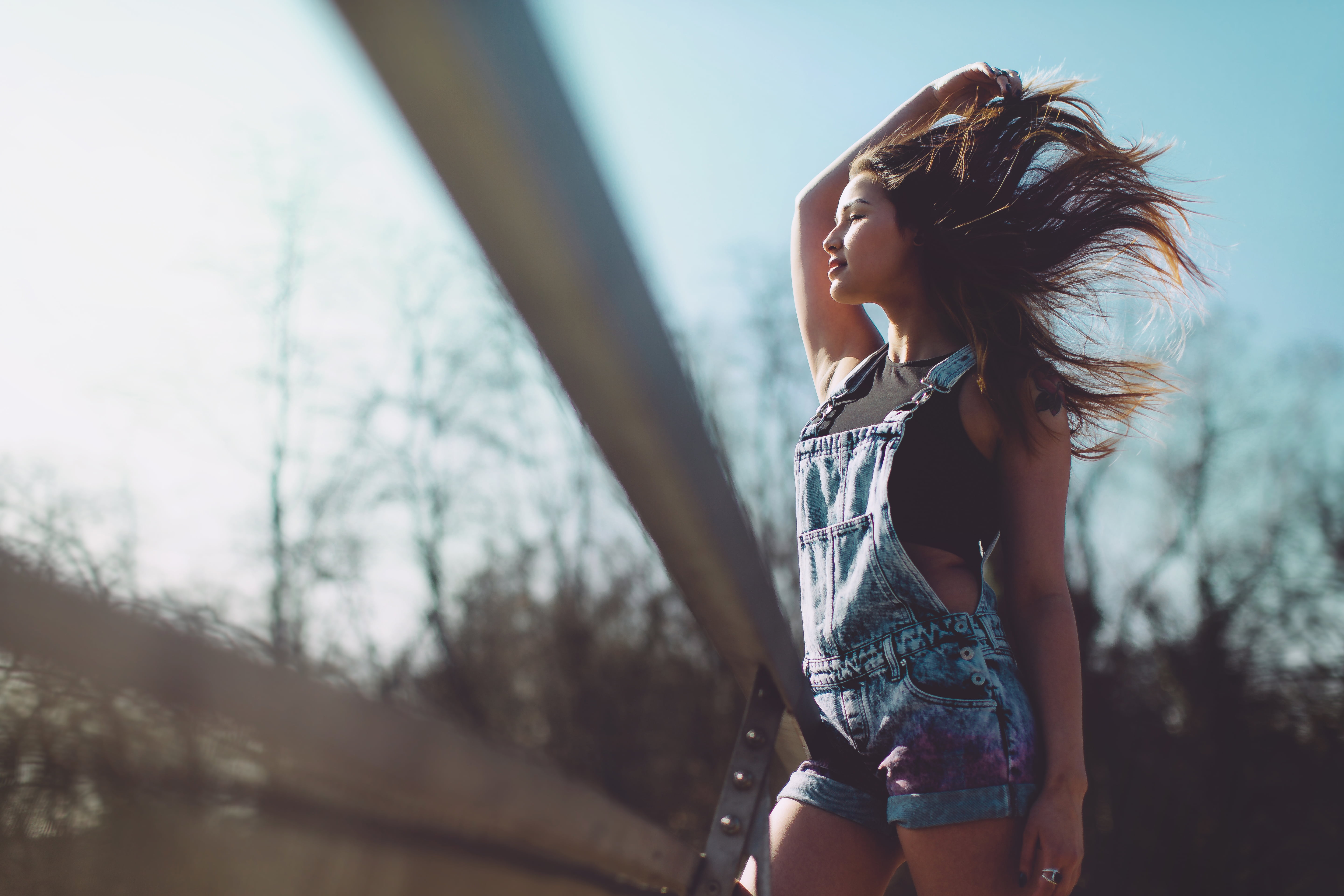 human arm, hair, 5K, bridge, clothing, one person, leisure activity, hairstyle, beauty, long hair, jumpsuit, women, lifestyles, young adult, young women, HD Wallpaper