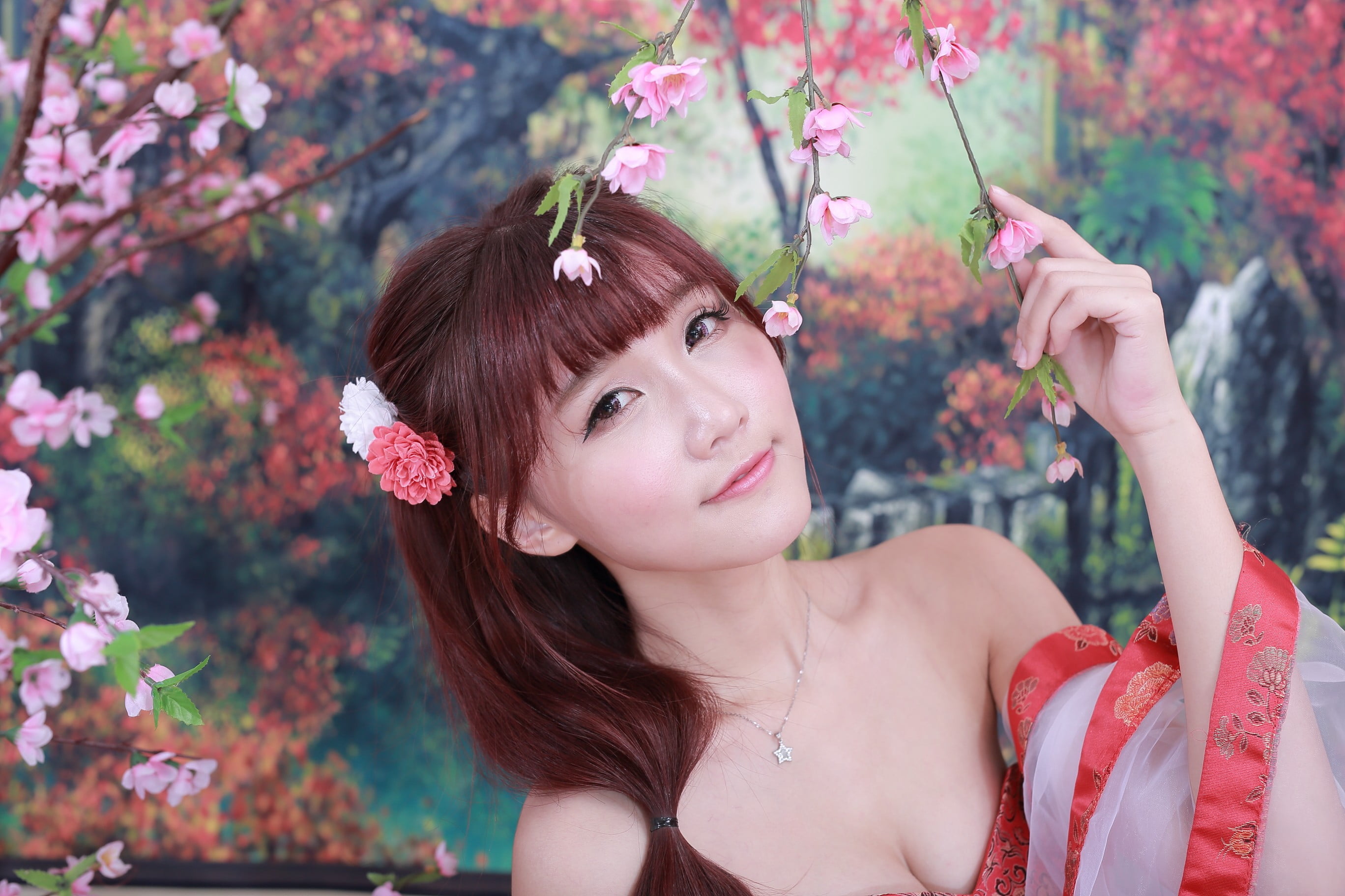 hair, flowering plant, pink color, headshot, one person, young women, adult, redhead, beautiful woman, looking at viewer, 2K, bangs, Asian, real people, HD Wallpaper