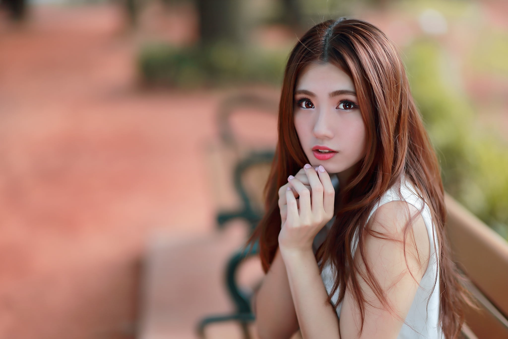 young women, beauty, focus on foreground, teenager, young adult, fashion, long hair, hairstyle, headshot, brown hair, painted nails, red lipstick, adult, HD Wallpaper
