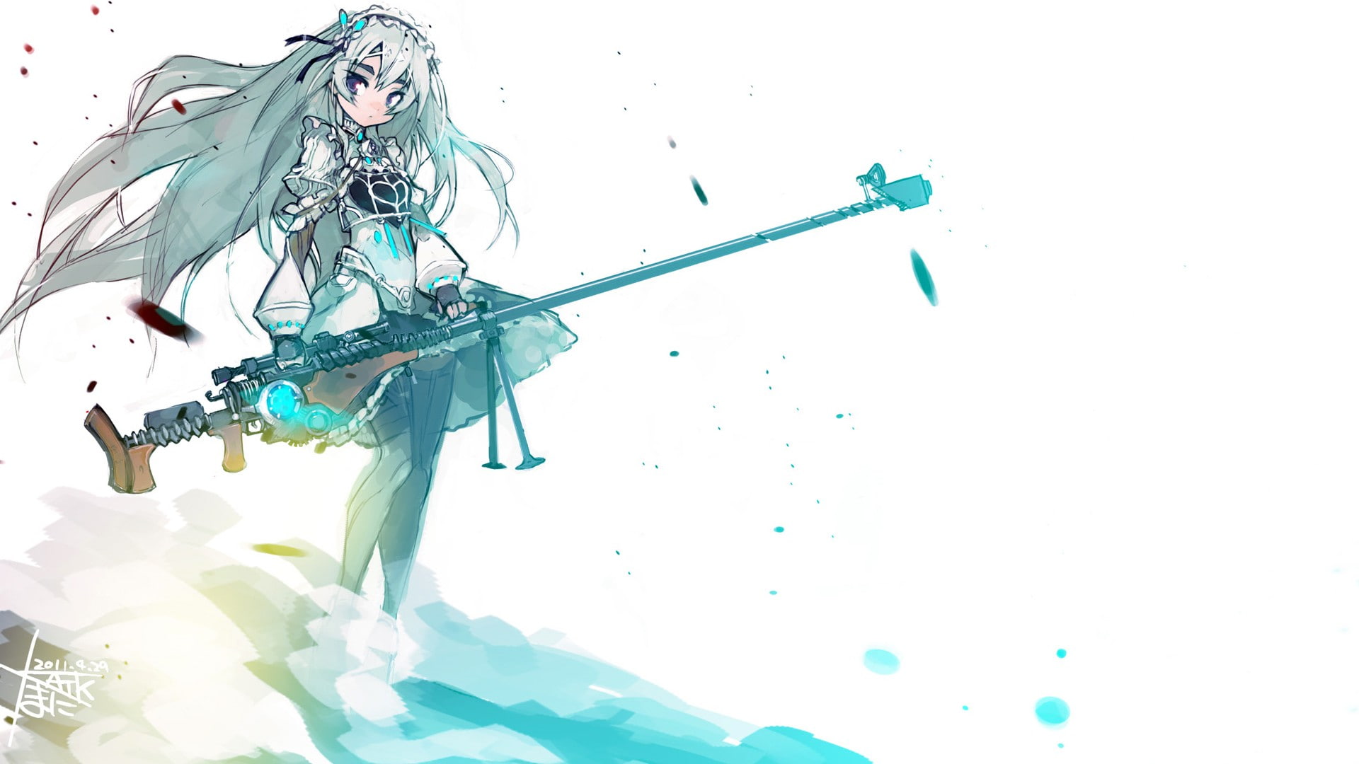low angle view, celebration, decoration, anime girls, Chaika Trabant, day, weapon, Hitsugi no Chaika, still life, turquoise colored, indoors, white color, HD Wallpaper