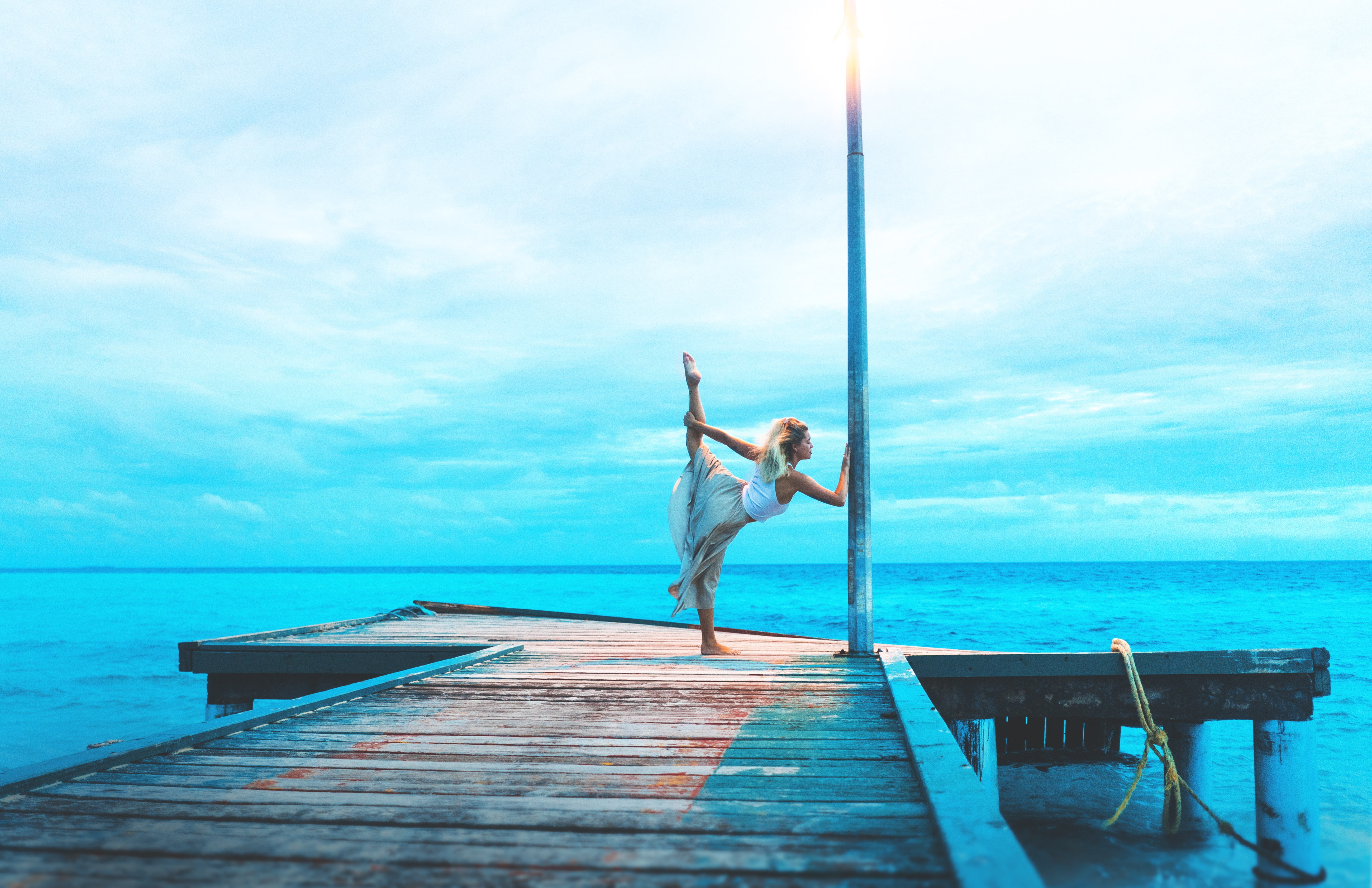 horizon over water, human arm, lifestyles, landscape, leisure activity, nature, flexible, 5K, young adult, horizon, pier, young women, sky, day, adult, HD Wallpaper