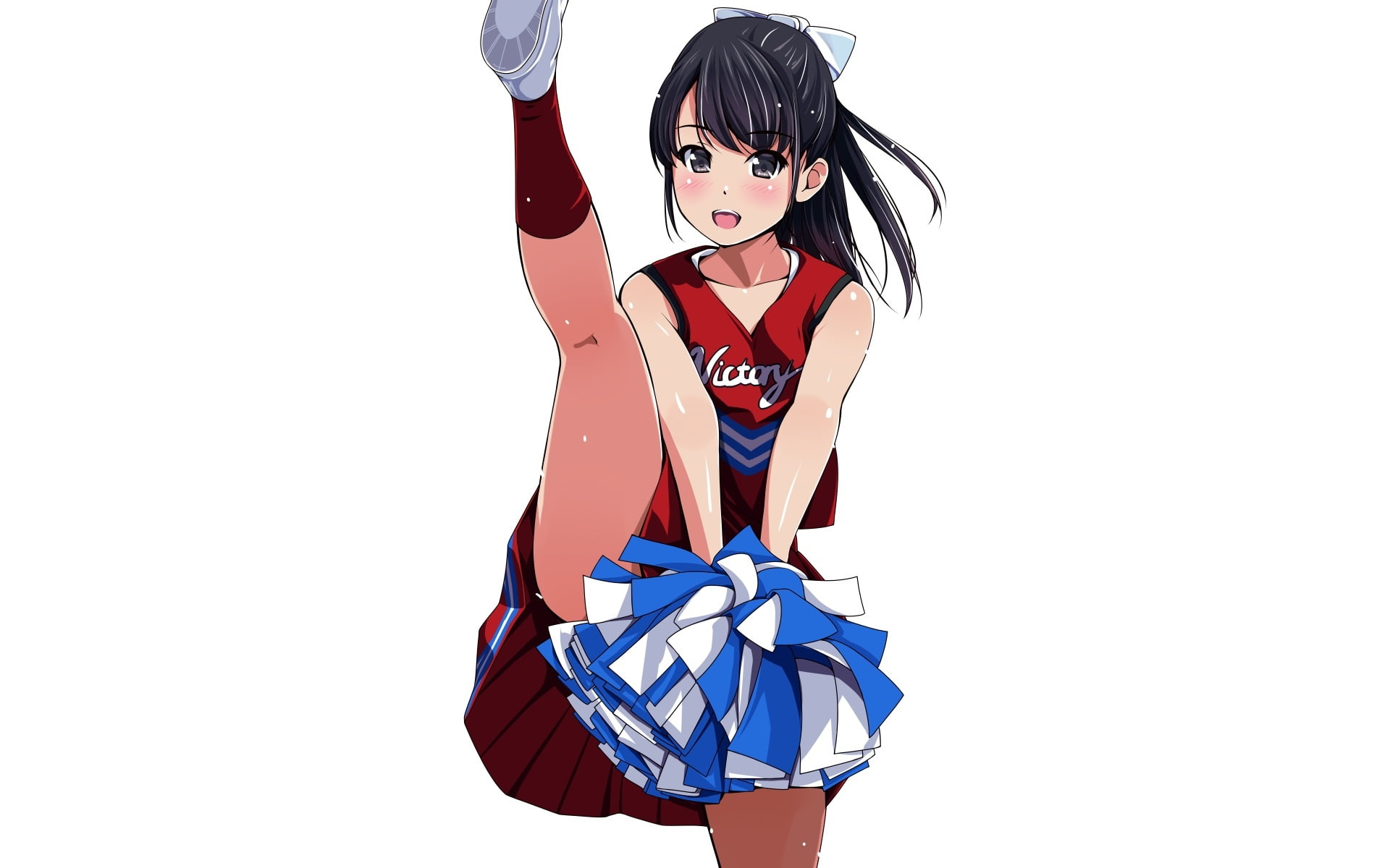 long, spread, socks, ponytail, white, kouyou, bow, com, skirt, 237470, cheerleader, blush, gray, 1080P, legs, hair, aliasing, original, matsunaga, konachan, HD Wallpaper
