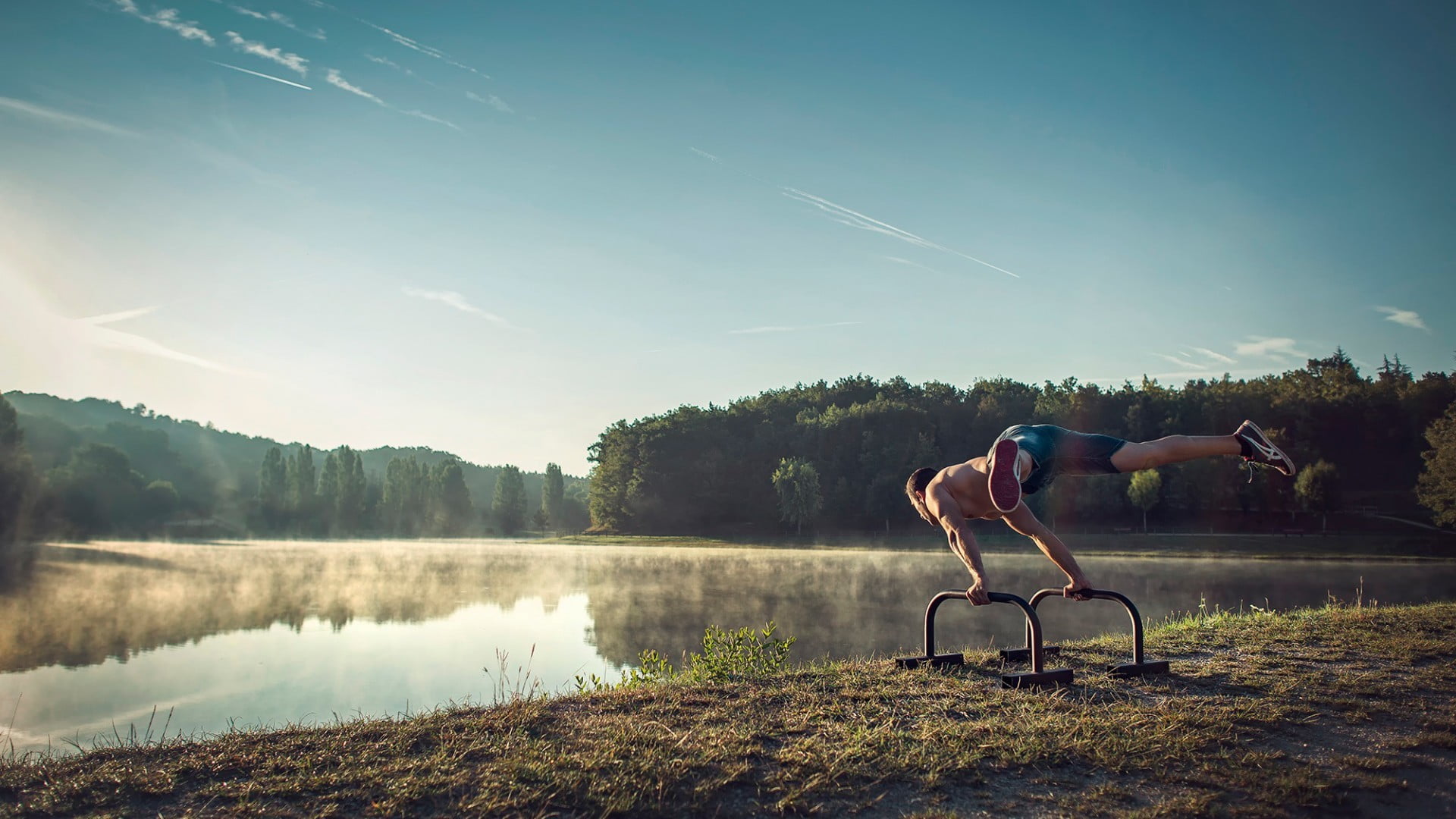 tree, leisure activity, real people, people, 1080P, sunlight, gymnastics, day, lifestyles, activity, lake, water, beauty in nature, sky, non-urban scene, HD Wallpaper