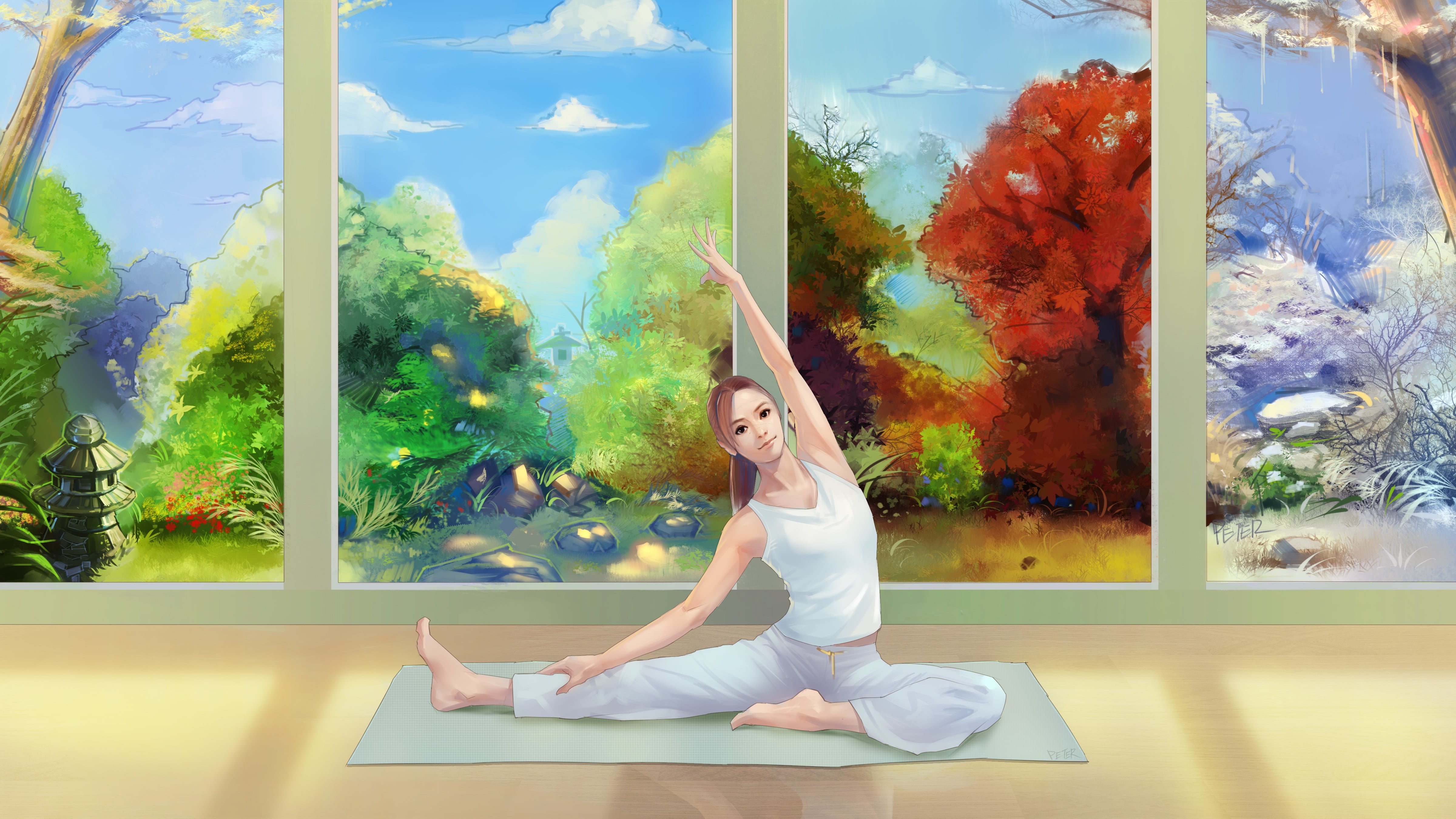 hairstyle, young adult, sport, relaxation exercise, arms up, sitting, healthy lifestyle, exercising, stretching, nature, one person, tree, artwork, yoga, HD Wallpaper