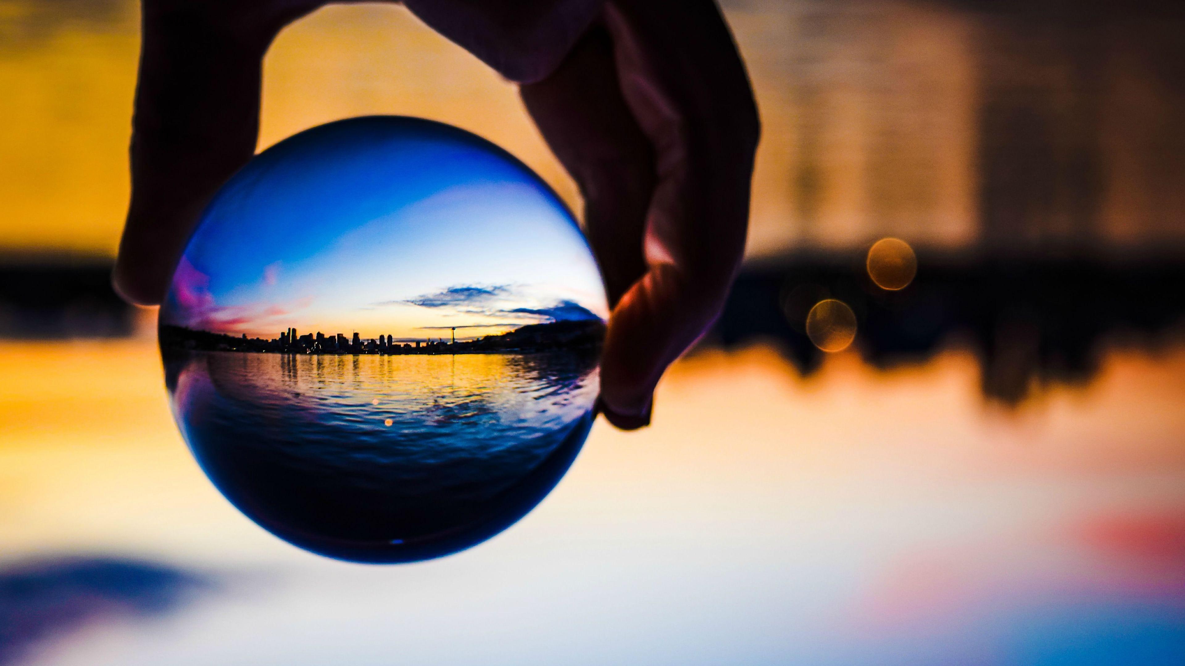ball, photography, sunlight, water, united states, 4K, sunset, usa, seattle, sky, glass ball, evening, washington, reflection, light, sphere, hand, blue, HD Wallpaper