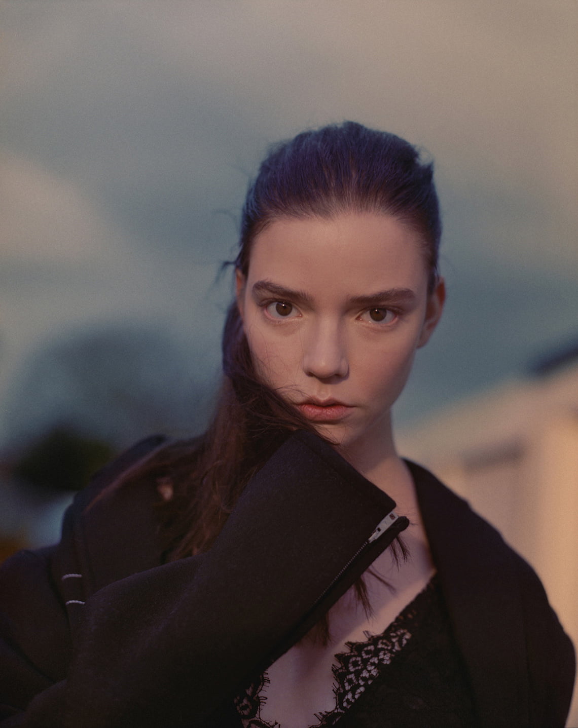 dark hair, women, sad eyes, Anya Taylor-Joy, brunette, women outdoors, depth of field, actress, 720P, long hair, Phone HD Wallpaper