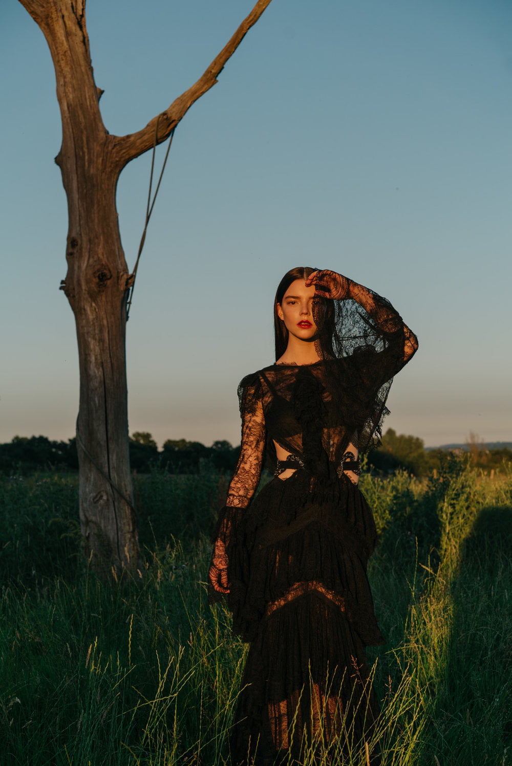 dark hair, 720P, clear sky, women, nature, black dress, sky, tree trunk, brunette, see-through dress, Anya Taylor-Joy, actress, grass, Phone HD Wallpaper
