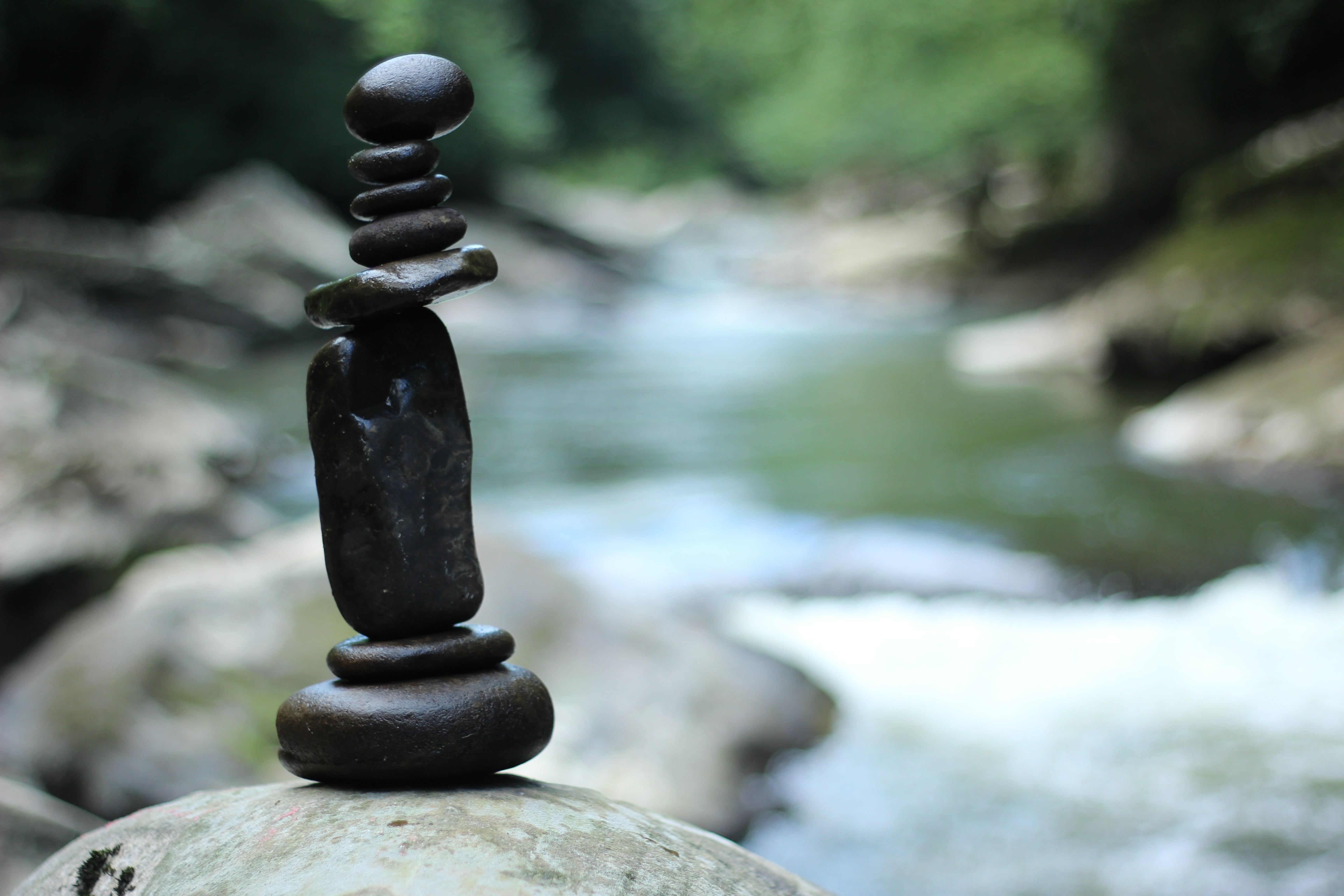 stack, balance, stones, zen-like, Gravity, focus, focus on foreground, stone - object, pebble, depth of field, forest, land, no people, water, solid, flowing water, HD Wallpaper