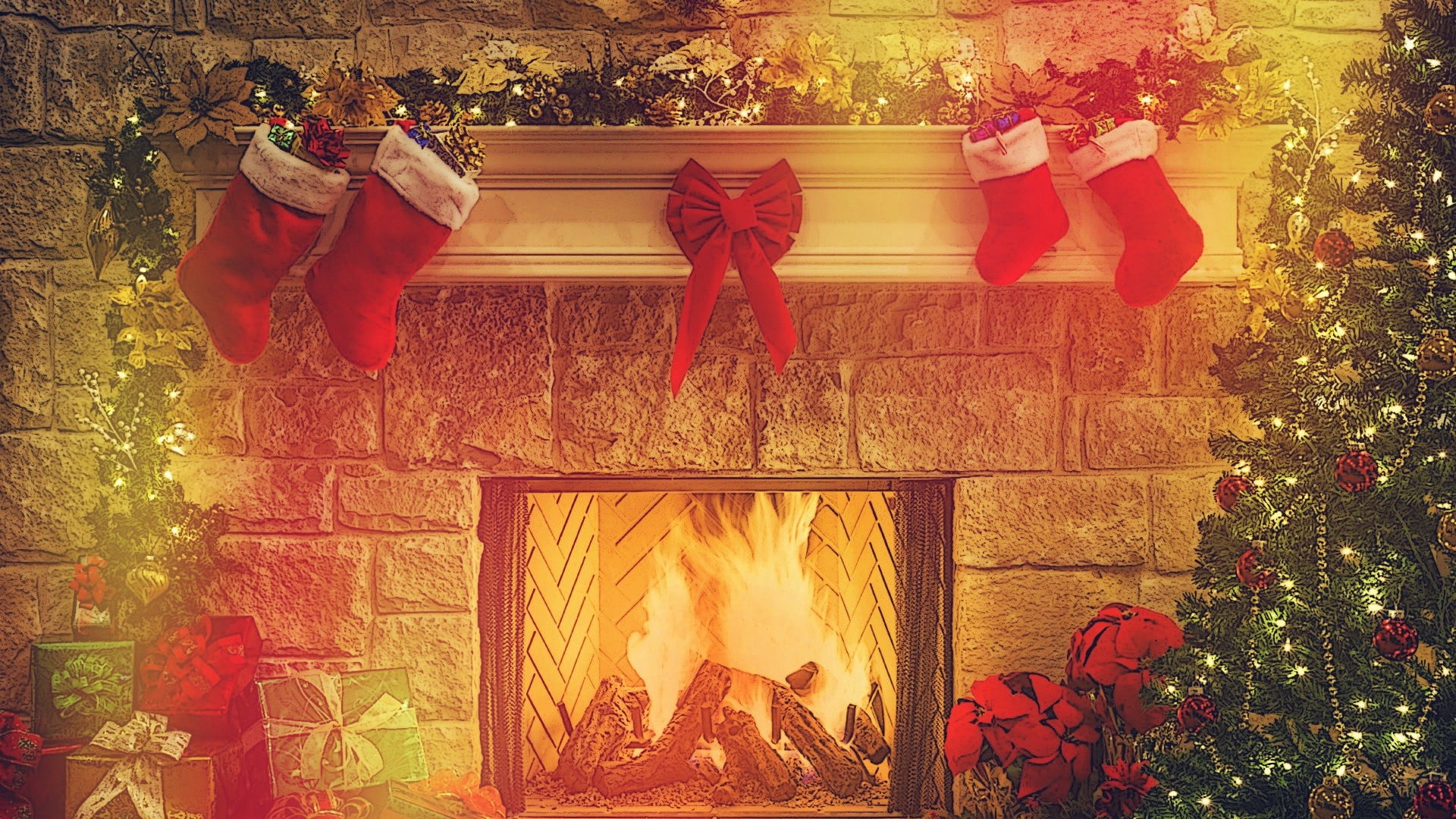 several, holiday - event, fireplace, lights, stockings, art and craft, gift, tree, christmas, christmas lights, celebration, plant, no people, decoration, HD Wallpaper