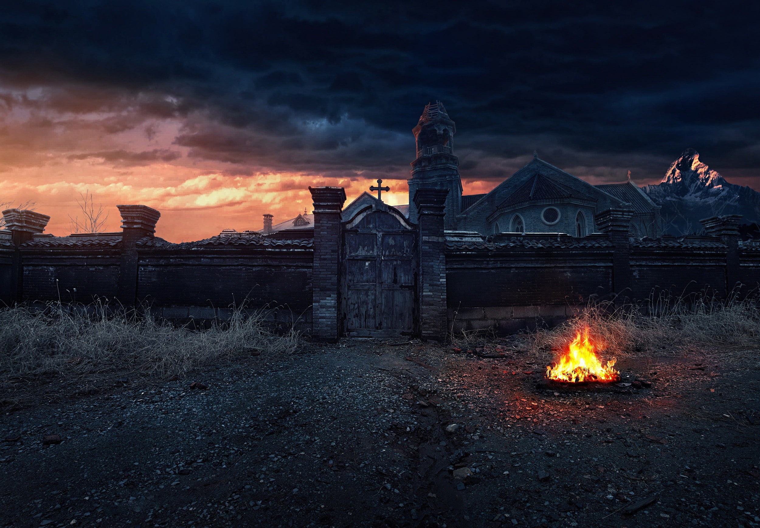monastery, fireplace, 1080P, night, HD Wallpaper