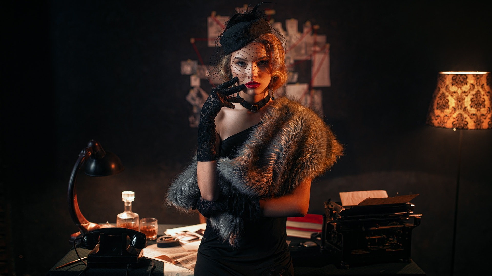 1080P, model, women indoors, fur, gloves, looking at viewer, wavy hair, women, blonde, Maks Kuzin, dress, HD Wallpaper
