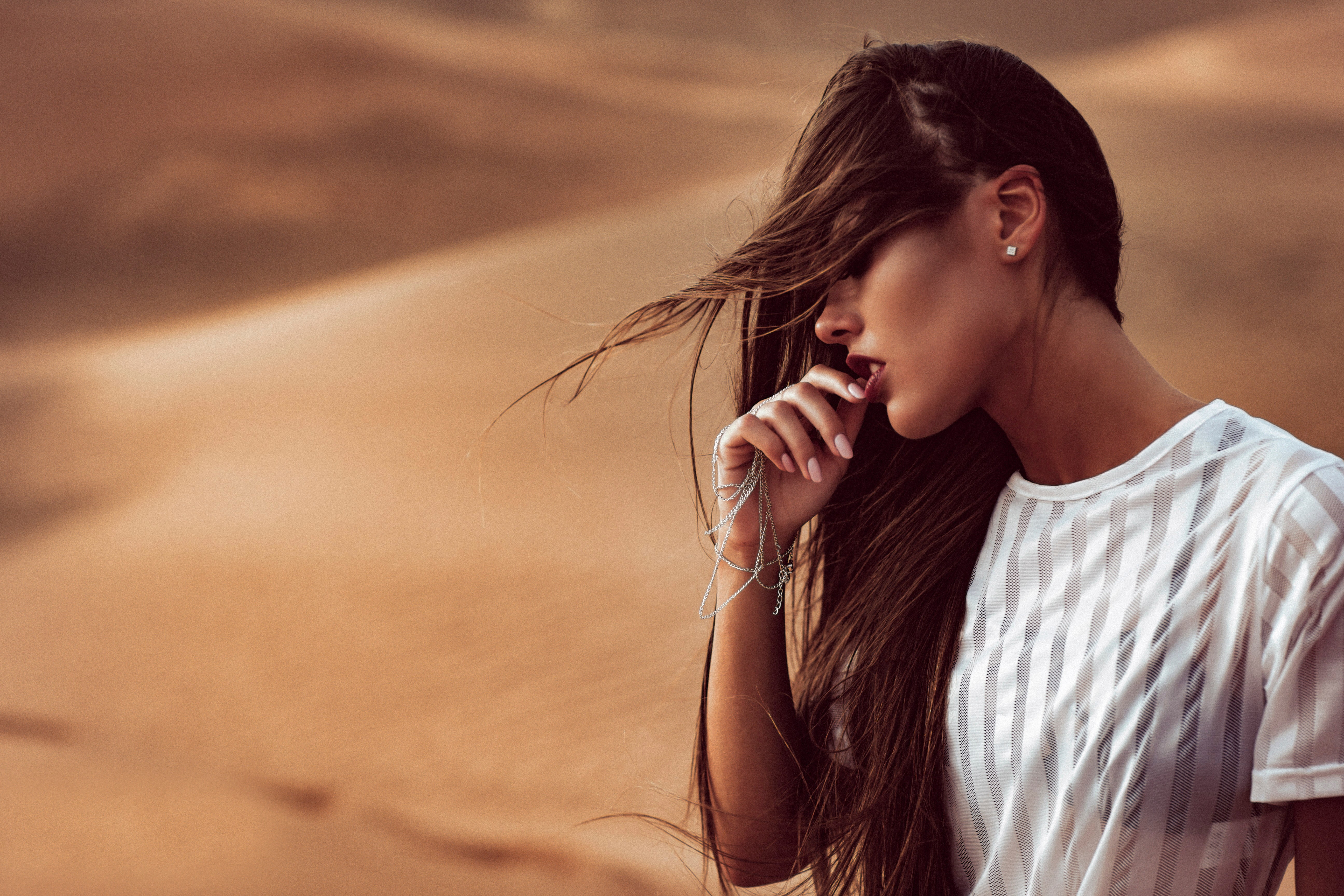 desert, young women, beautiful woman, young adult, 5K, beauty, casual clothing, real people, adult, brown hair, one person, long hair, see-through clothing, HD Wallpaper