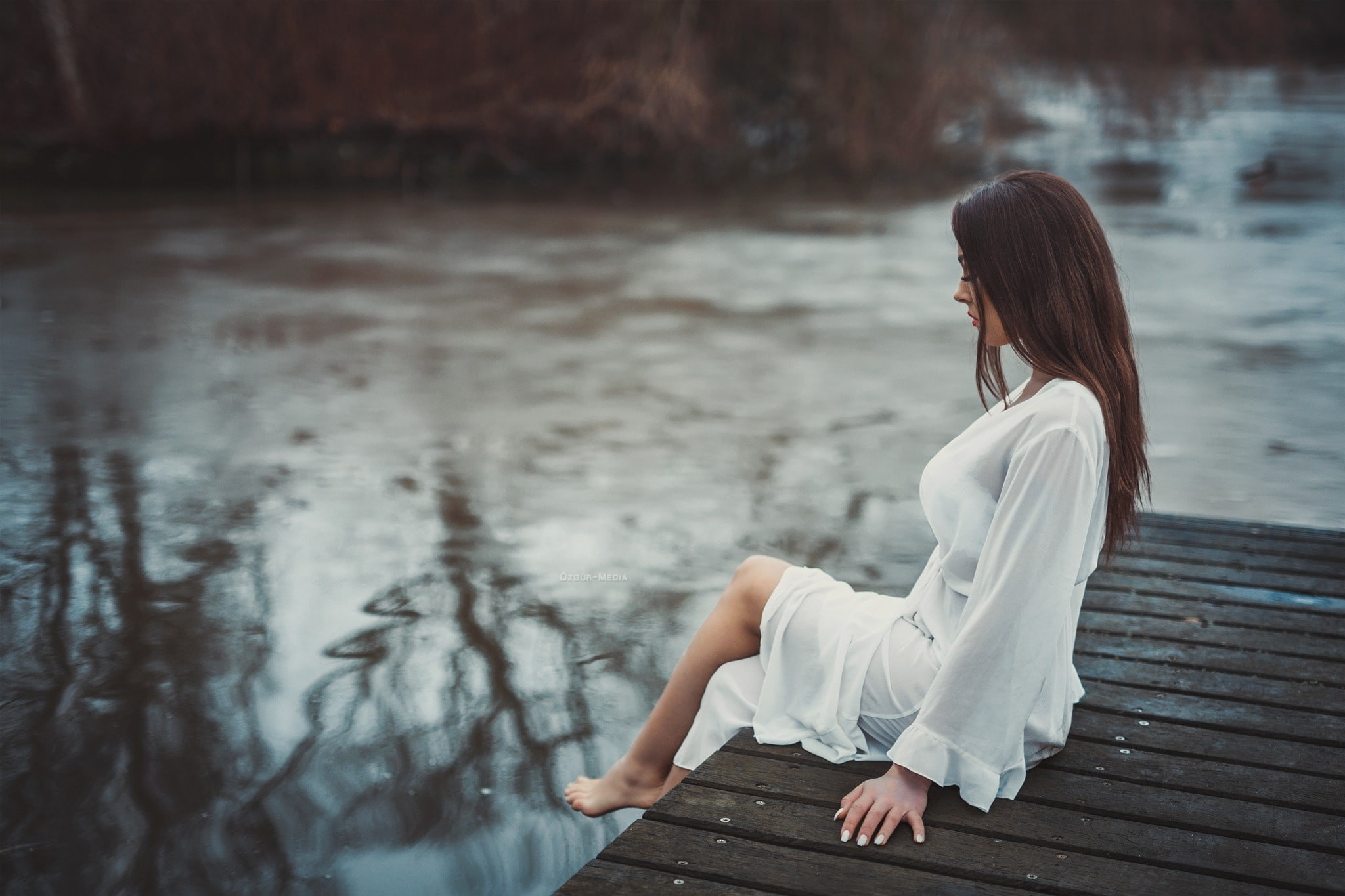 young adult, contemplation, one person, sitting, leisure activity, young women, dress, 1080P, side view, hairstyle, pier, hair, women, depth of field, HD Wallpaper