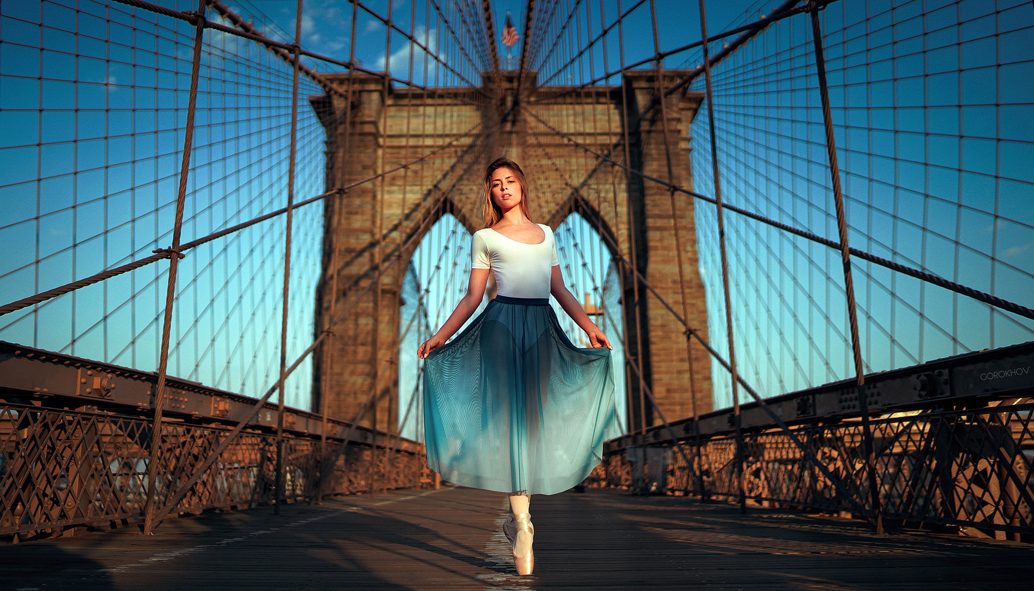 Brooklyn, Ivan Gorokhov, see-through clothing, looking at viewer, model, 1080P, symmetry, legs, women, bridge, ballerina, long hair, skirt, blonde, straight hair, HD Wallpaper