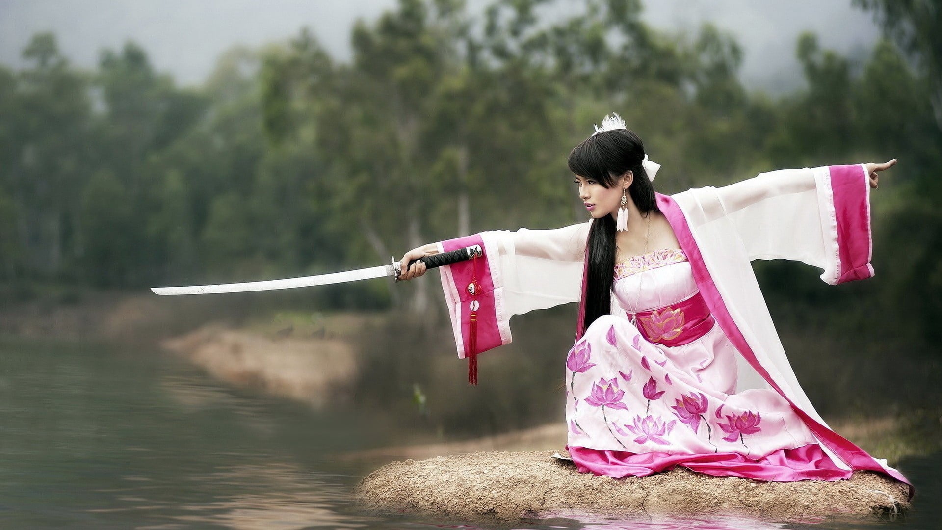 women outdoors, human arm, tree, katana, adult, 1080P, hairstyle, one person, long hair, trees, Asian, leisure activity, outdoors, brunette, nature, rock, HD Wallpaper