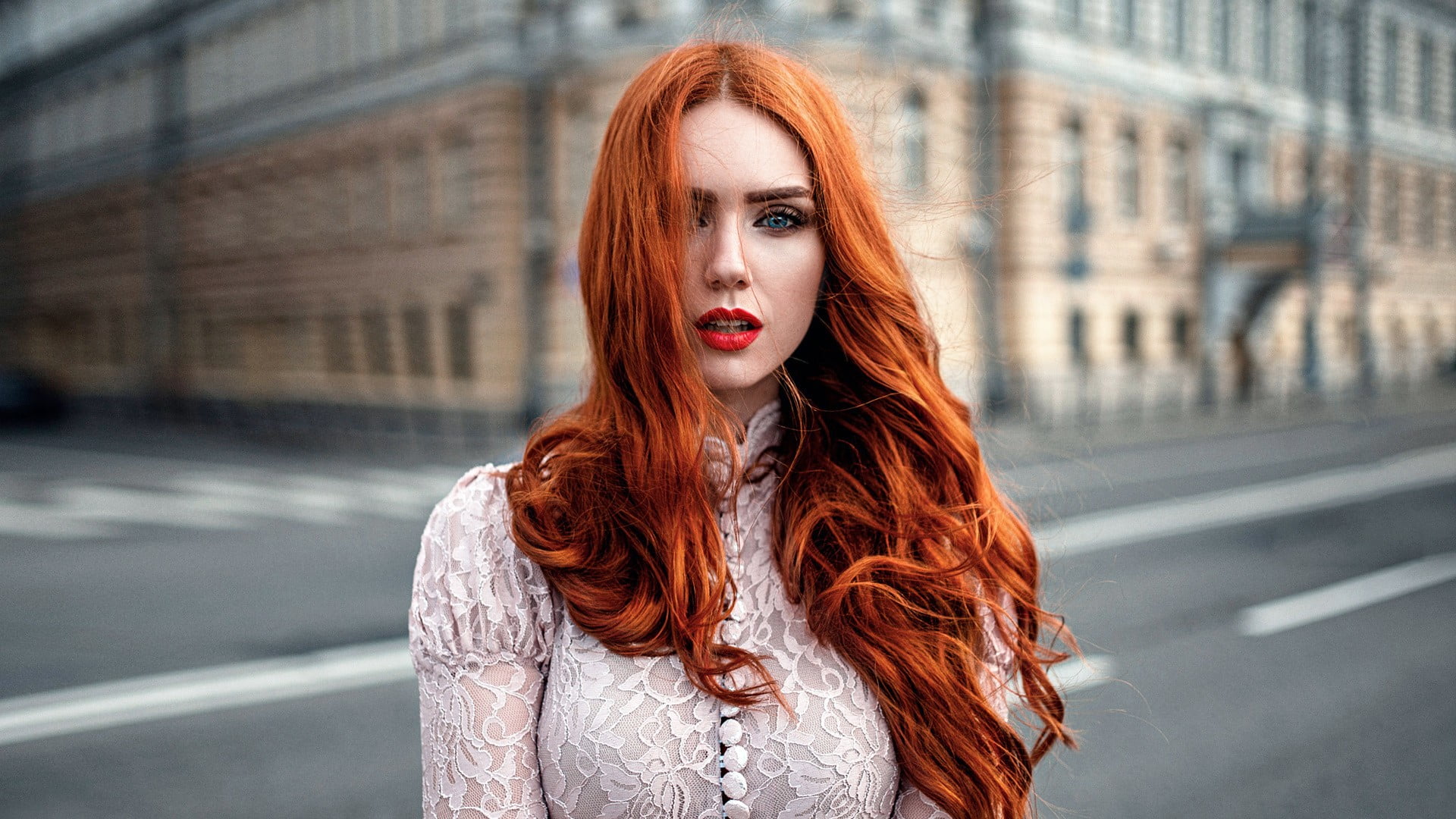 city, color, hairstyle, portrait, women outdoors, Georgy Chernyadyev, street, contemplation, hair, 1080P, blue eyes, red, wavy hair, white clothing, city life, HD Wallpaper