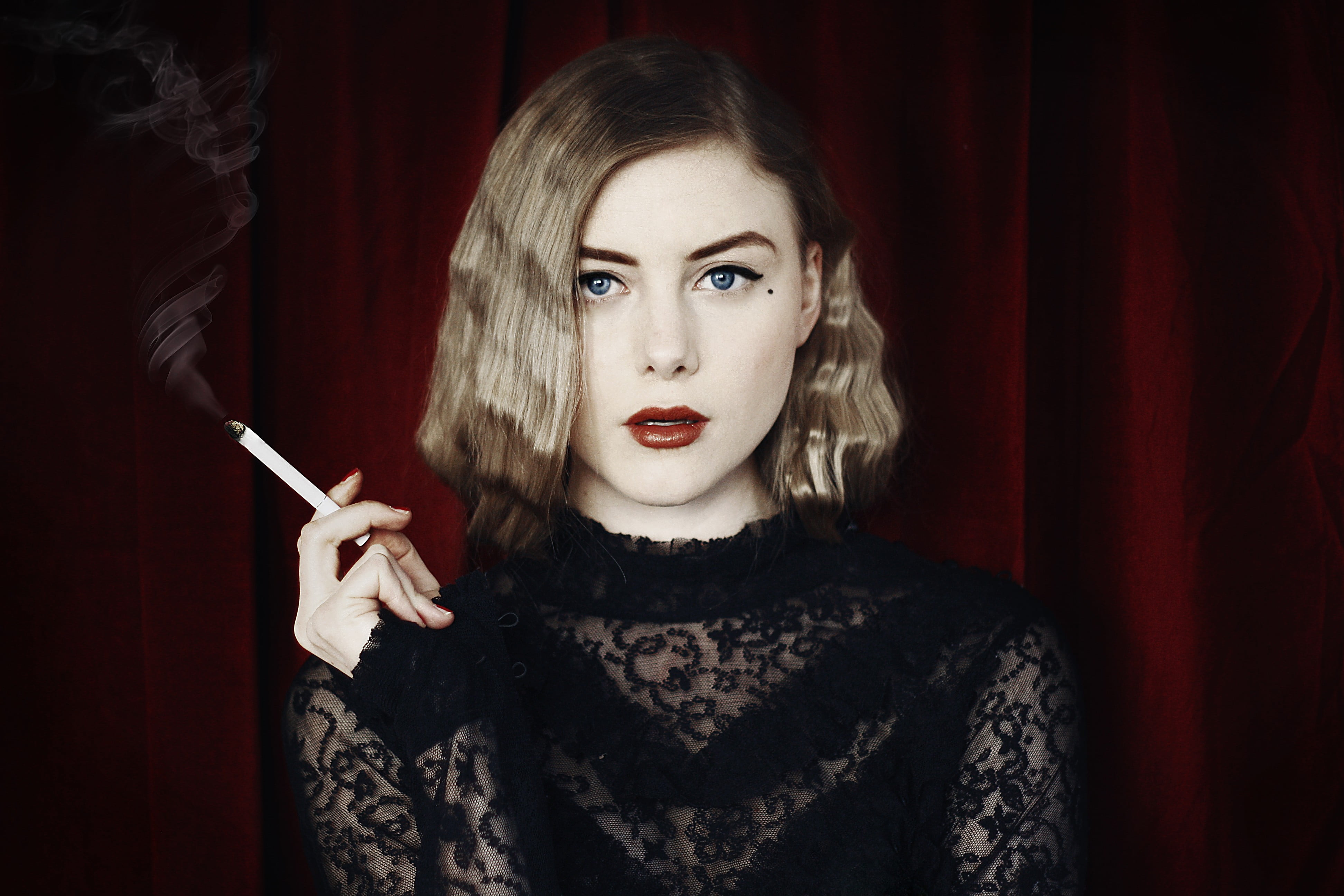 curtain, front view, headshot, lipstick, portrait, indoors, hair, see-through clothing, cigarettes, beautiful woman, women, blue eyes, hairstyle, 4K, beauty, HD Wallpaper