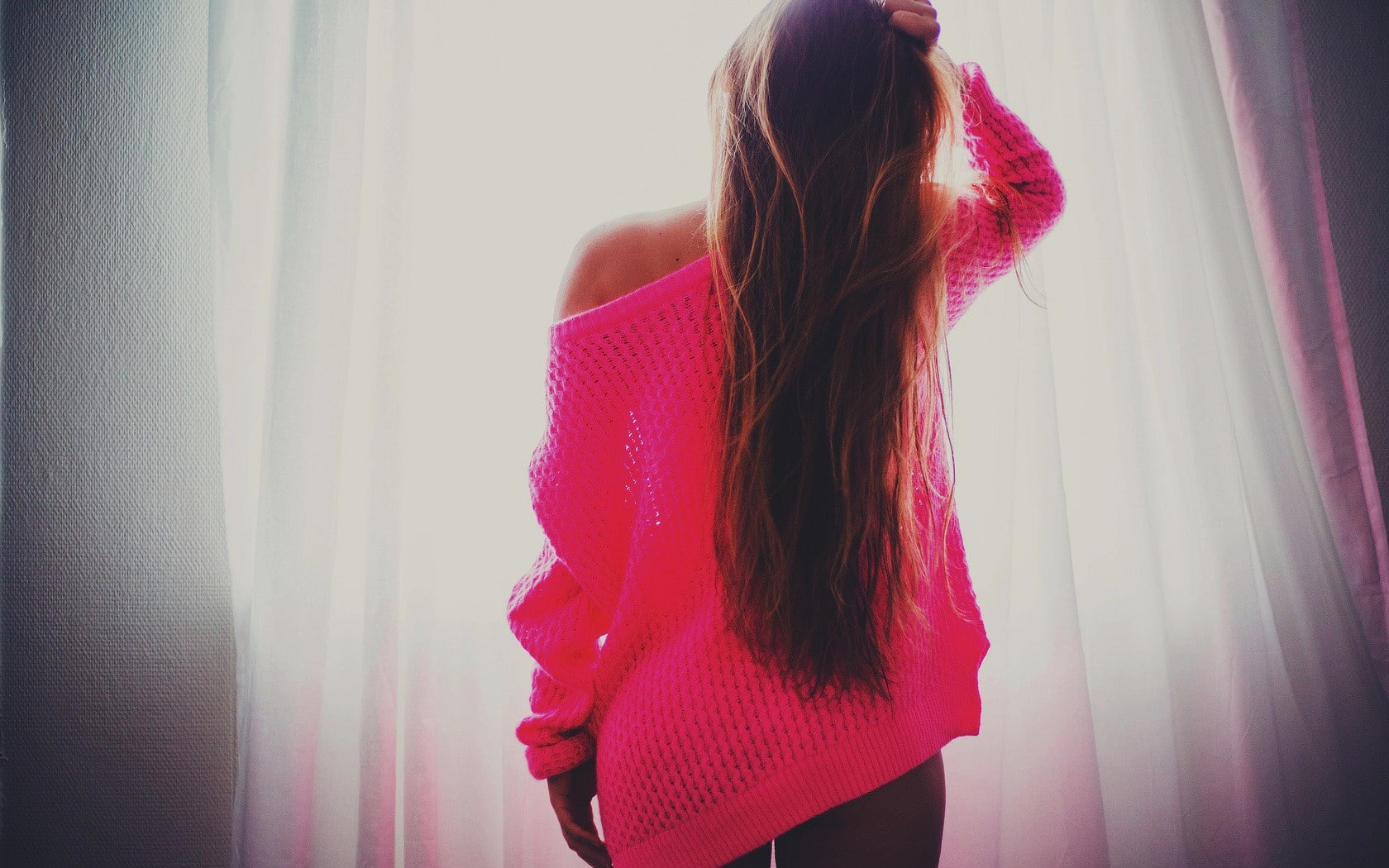 see-through clothing, 720P, home interior, hair, rear view, casual clothing, contemplation, obscured face, bare shoulders, window, three quarter length, HD Wallpaper