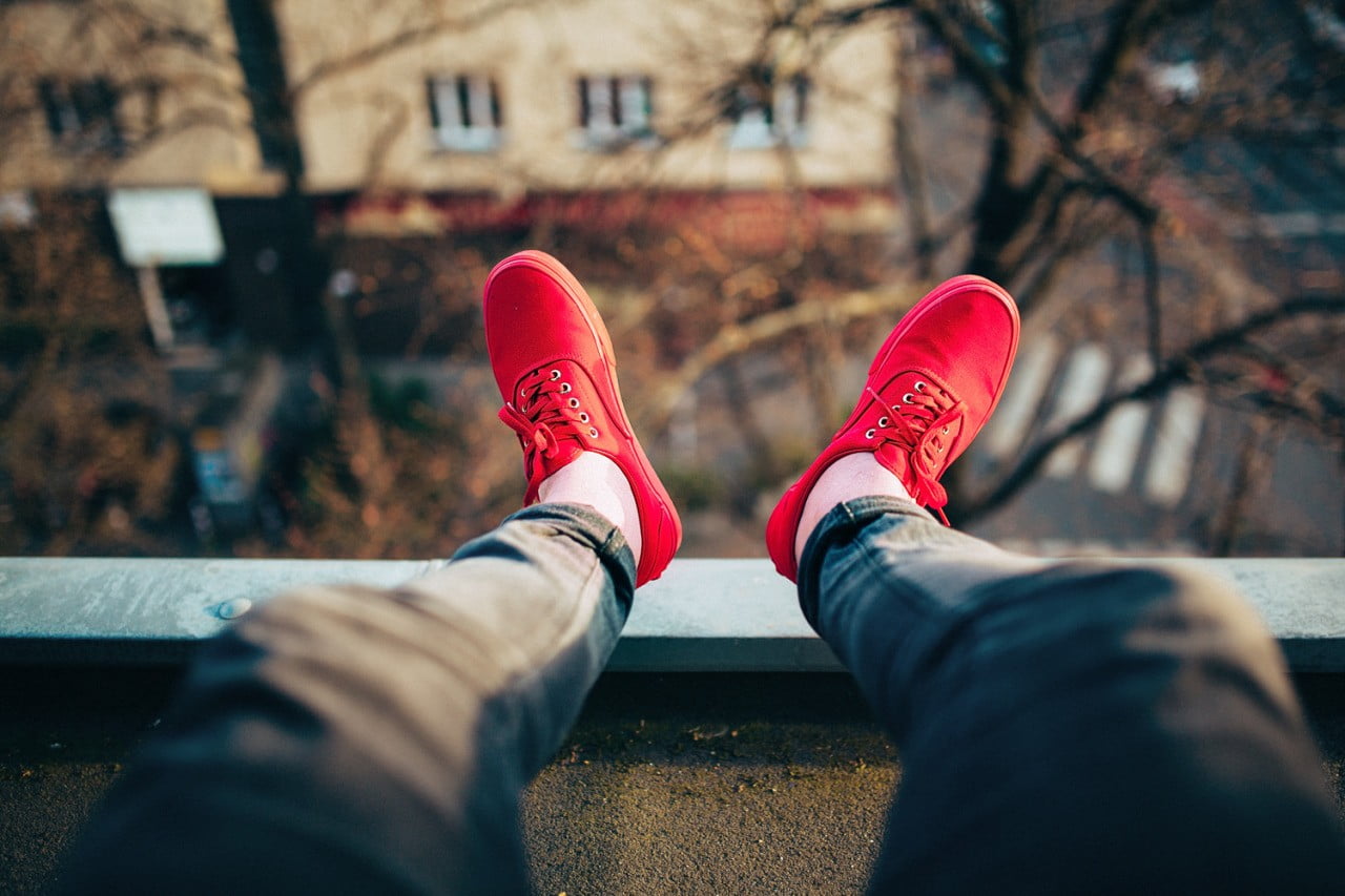 building exterior, rooftops, human leg, human foot, body part, city, red shoes, selective focus, 720P, architecture, street, human limb, legs, lace, red, HD Wallpaper