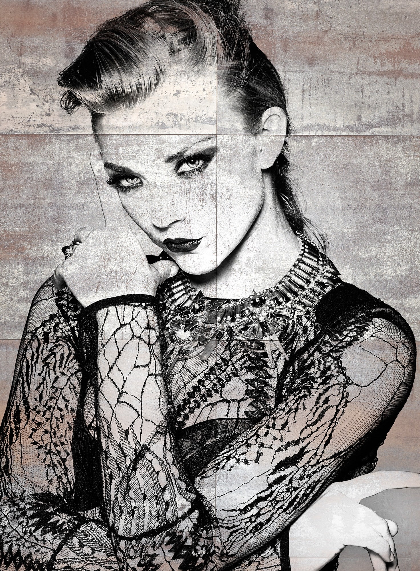 digital art, Natalie Dormer, 1080P, tiled, monochrome, women, actress, lace top, Phone HD Wallpaper