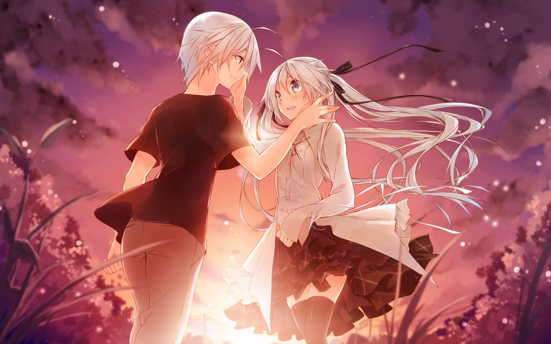 females, illuminated, positive emotion, blond hair, anime, night, two people, adult, young women, fashion, Yosuga no Sora, celebration, untitled, women, HD Wallpaper