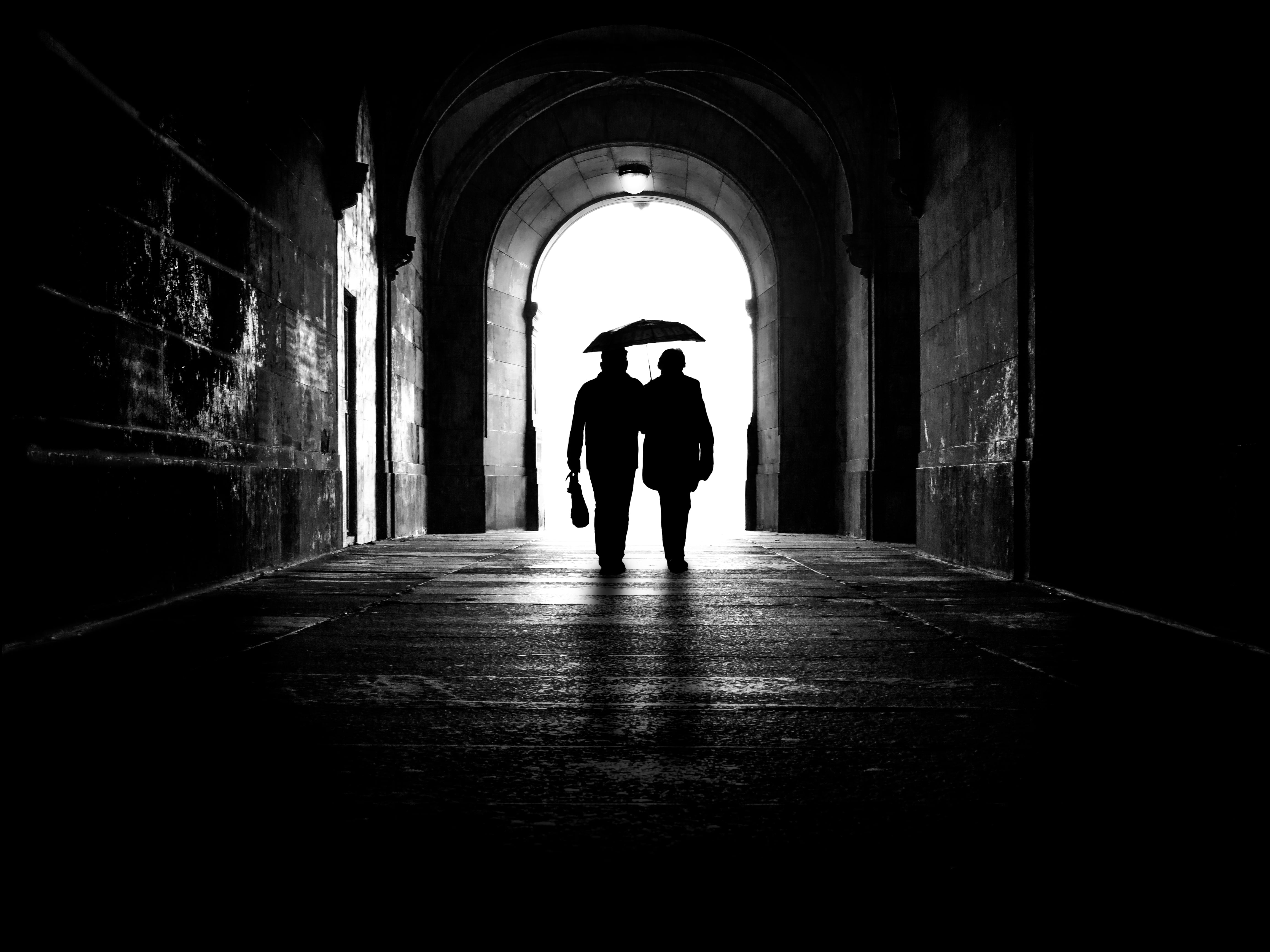 street, architecture, lifestyles, horror, direction, wall - Building Feature, black And White, solitude, arcade, black Color, underground, together, silhouettes, HD Wallpaper
