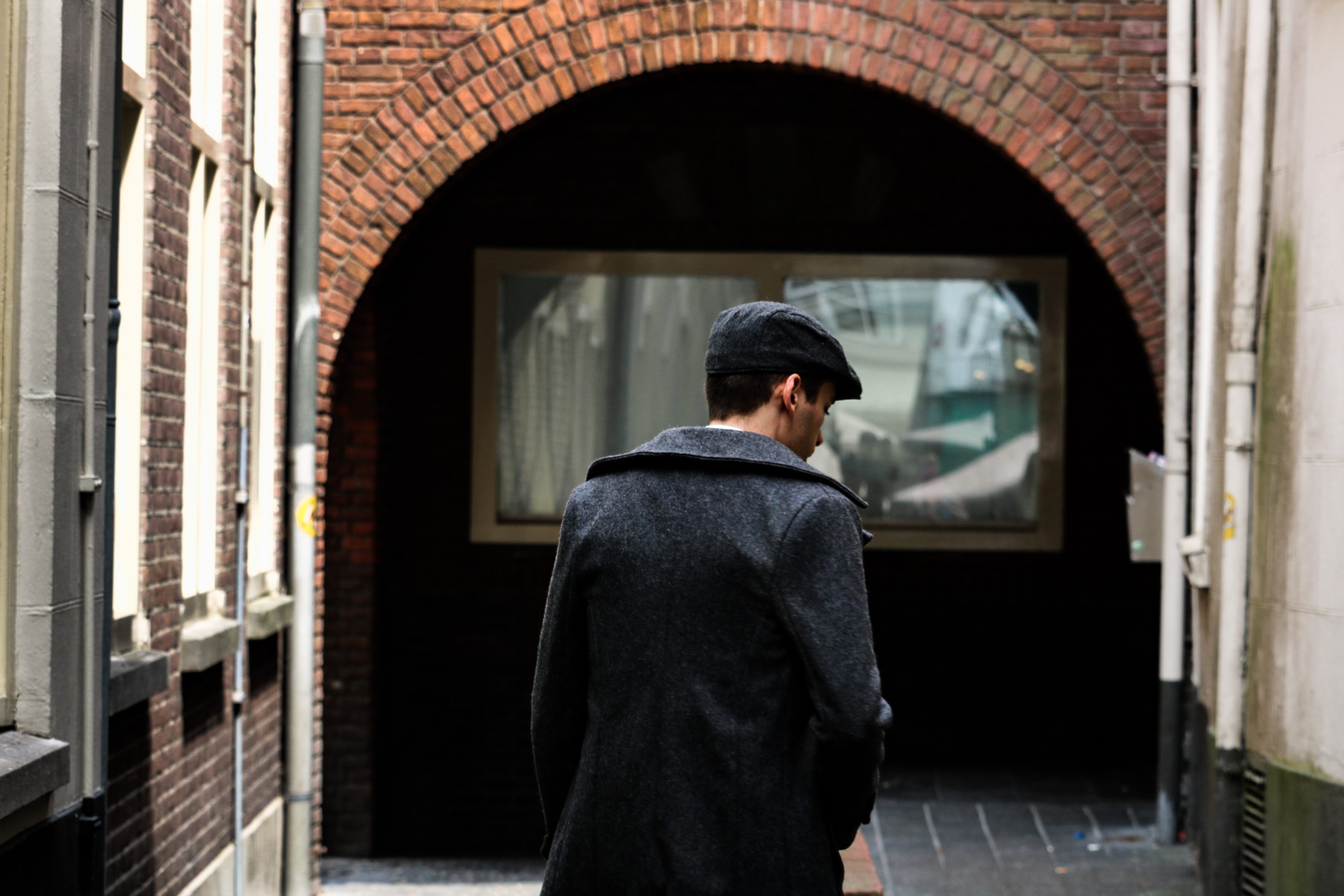 scene, back, brick, brick walls, day, street, windows, guy, building, built structure, three quarter length, 5K, focus on foreground, rear view, daytime, HD Wallpaper