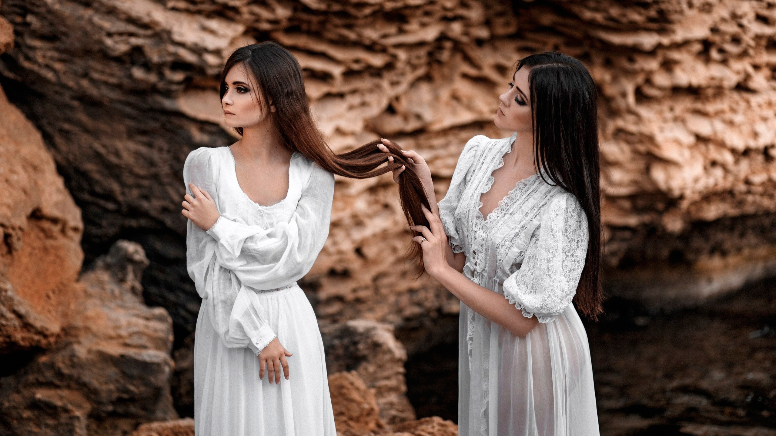 scoop, sheer, s, floral, Dress, White, outfit, Girls, Long, Hair, 2K, neck, Two, women, HD Wallpaper