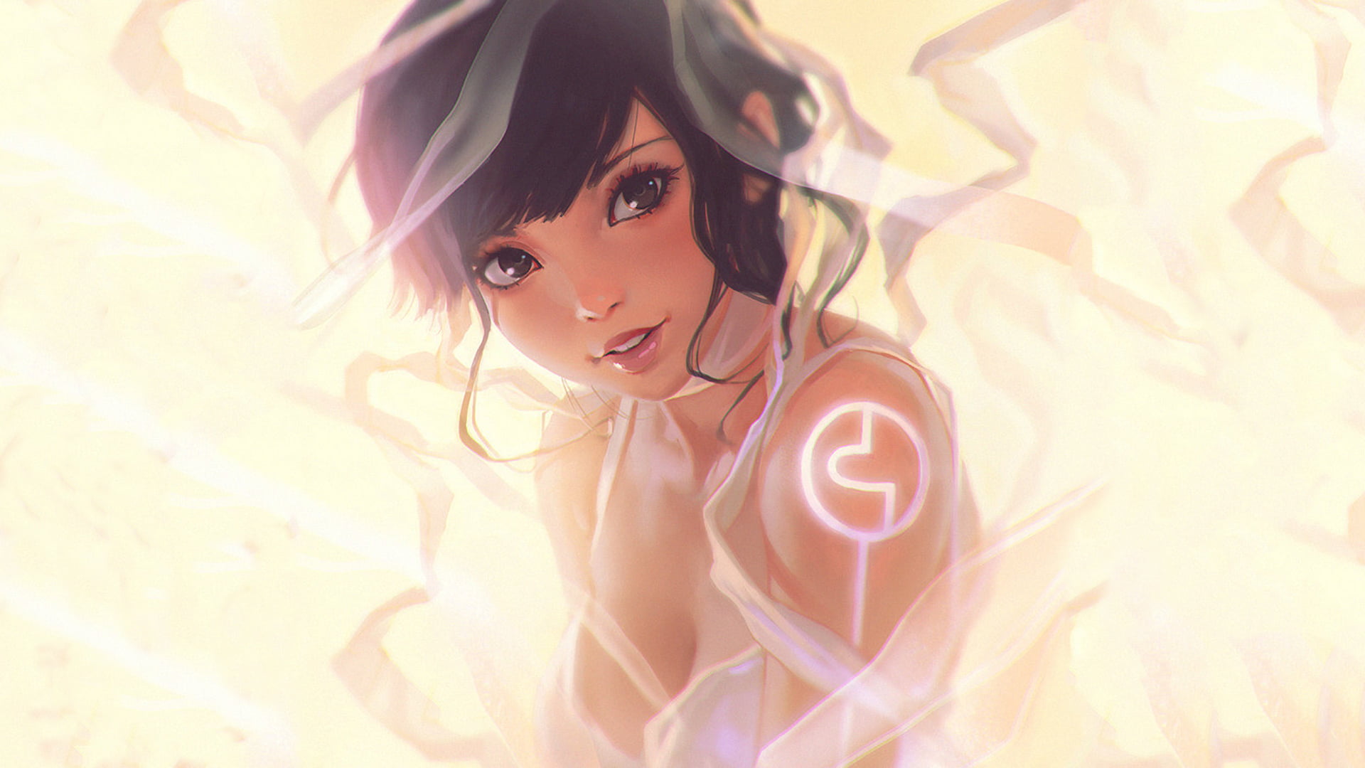 sheer clothing, women, drawn, brunette, digital art, 1080P, Ilya Kuvshinov, short hair, HD Wallpaper