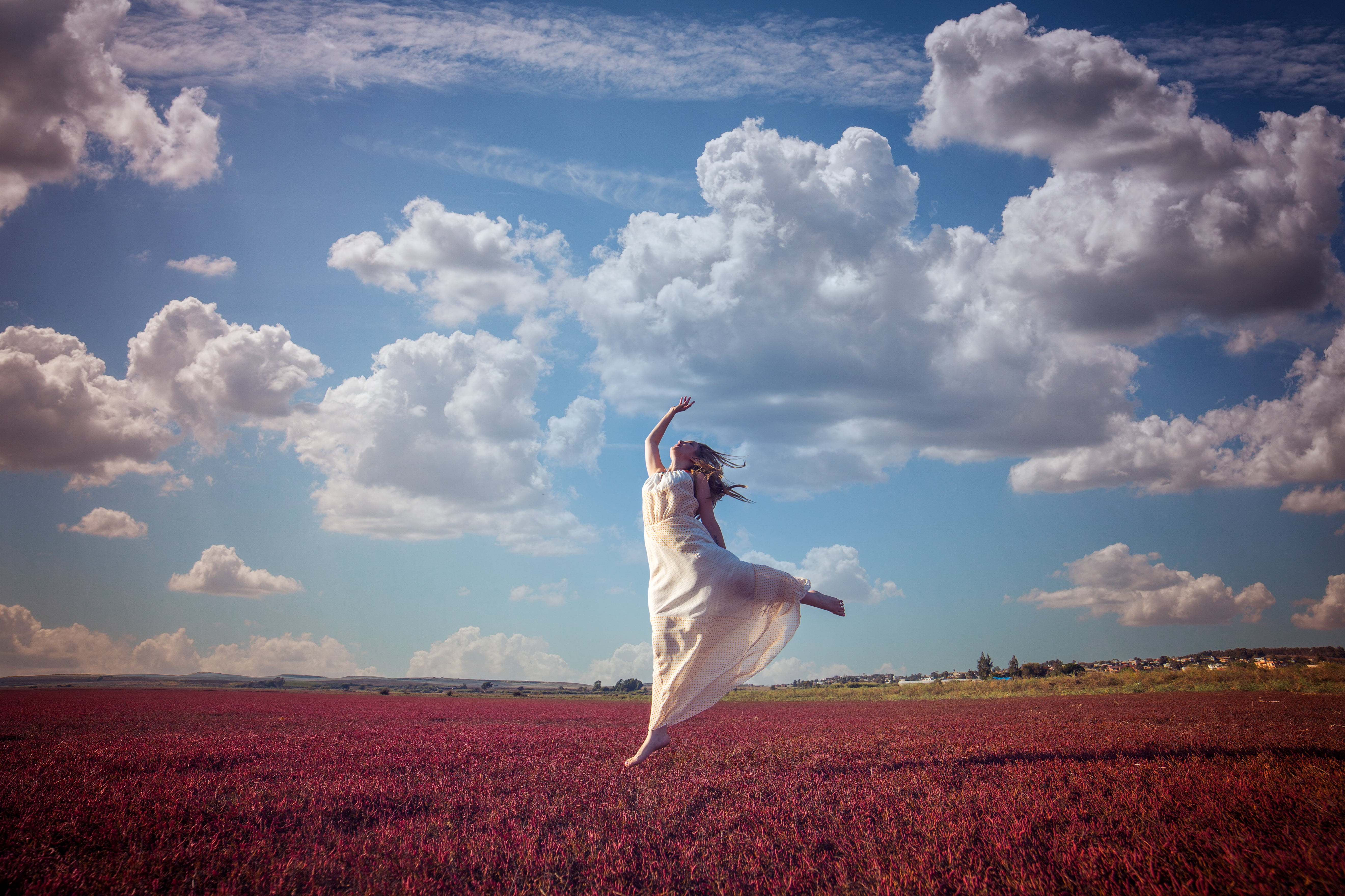 scenics - nature, cloud - sky, one person, tranquility, full length, human arm, sky, environment, lightness, white, grass, happiness, long, sheer, s, landscape, HD Wallpaper