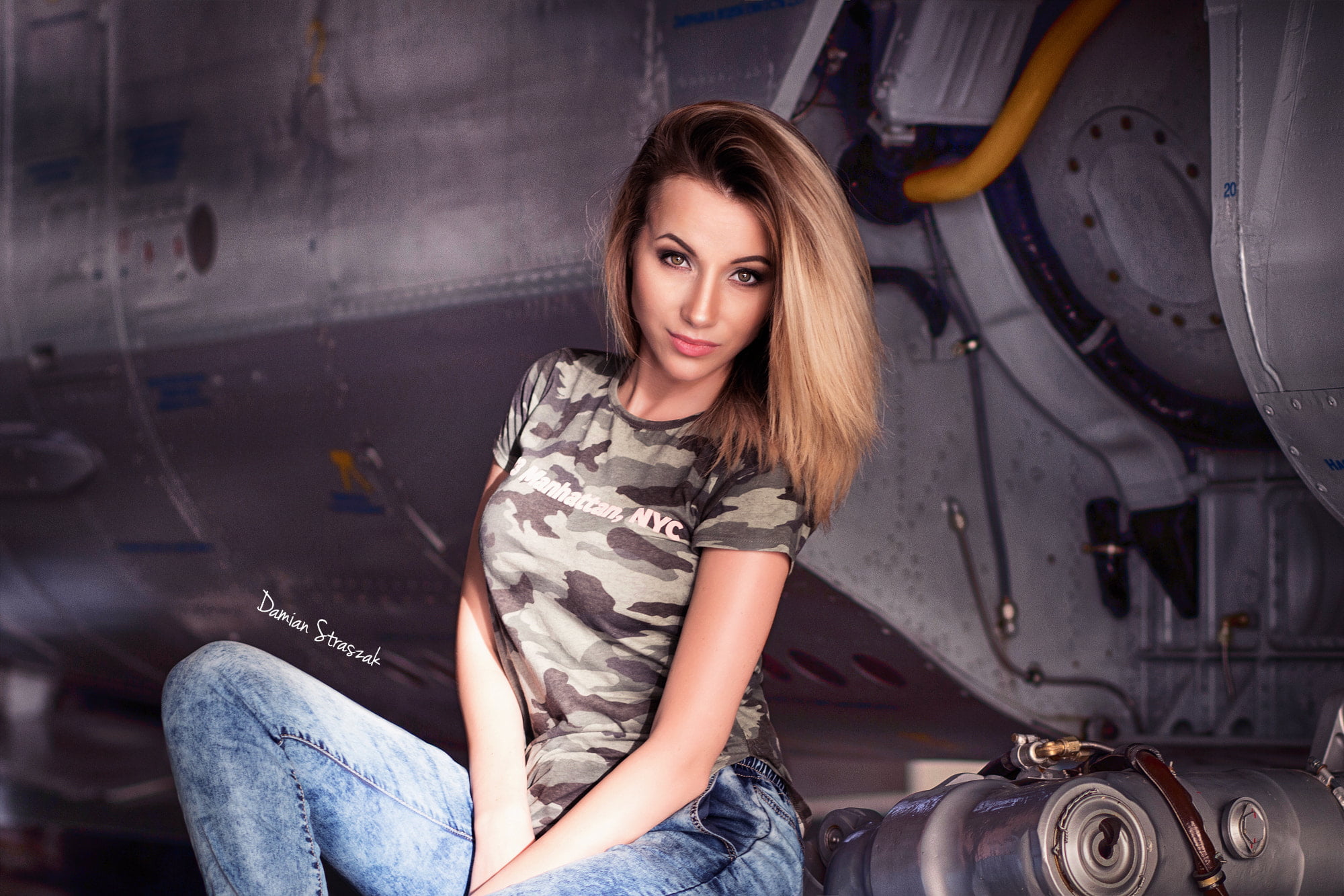adult, airplane, hair, one person, mechanic, mode of transportation, 1080P, fashion, looking at camera, casual clothing, blonde, young adult, portrait, HD Wallpaper