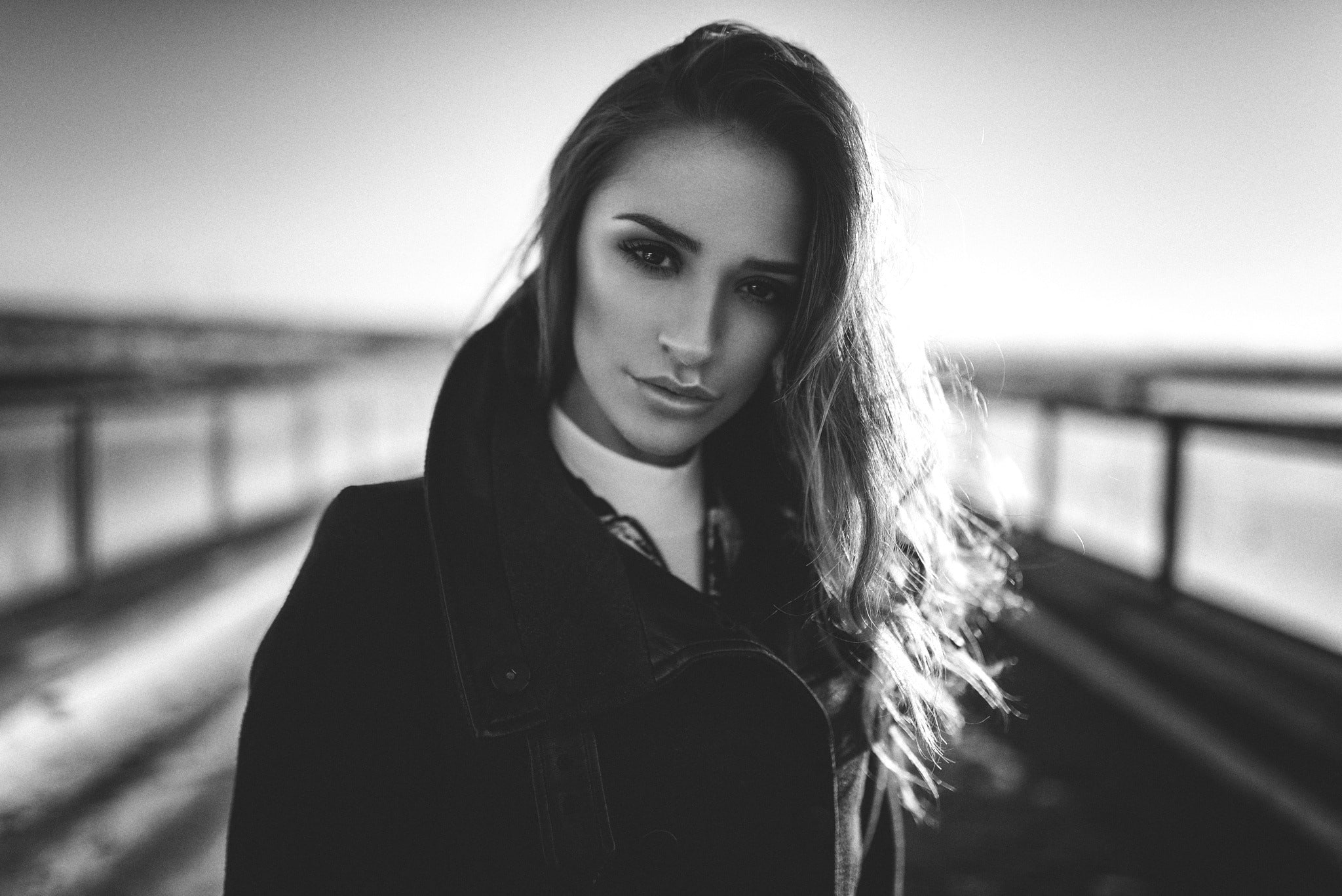 face, Miro Hofmann, black coat, depth of field, women, portrait, 1080P, monochrome, HD Wallpaper
