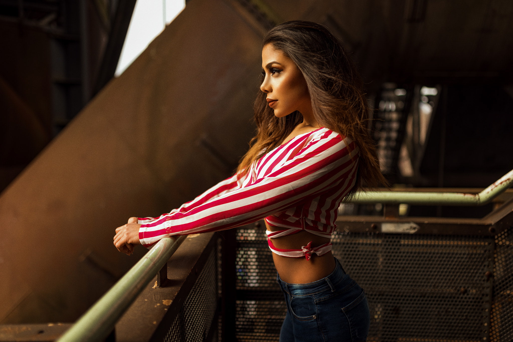 women, looking away, belly, jeans, tanned, portrait, 1080P, Miro Hofmann, profile, HD Wallpaper