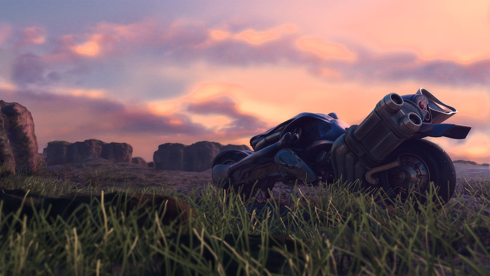 Final Fantasy VI, cruiser, selective focus, plant, beauty in nature, growth, transportation, focus on foreground, motorcycle, field, low angle view, land, HD Wallpaper