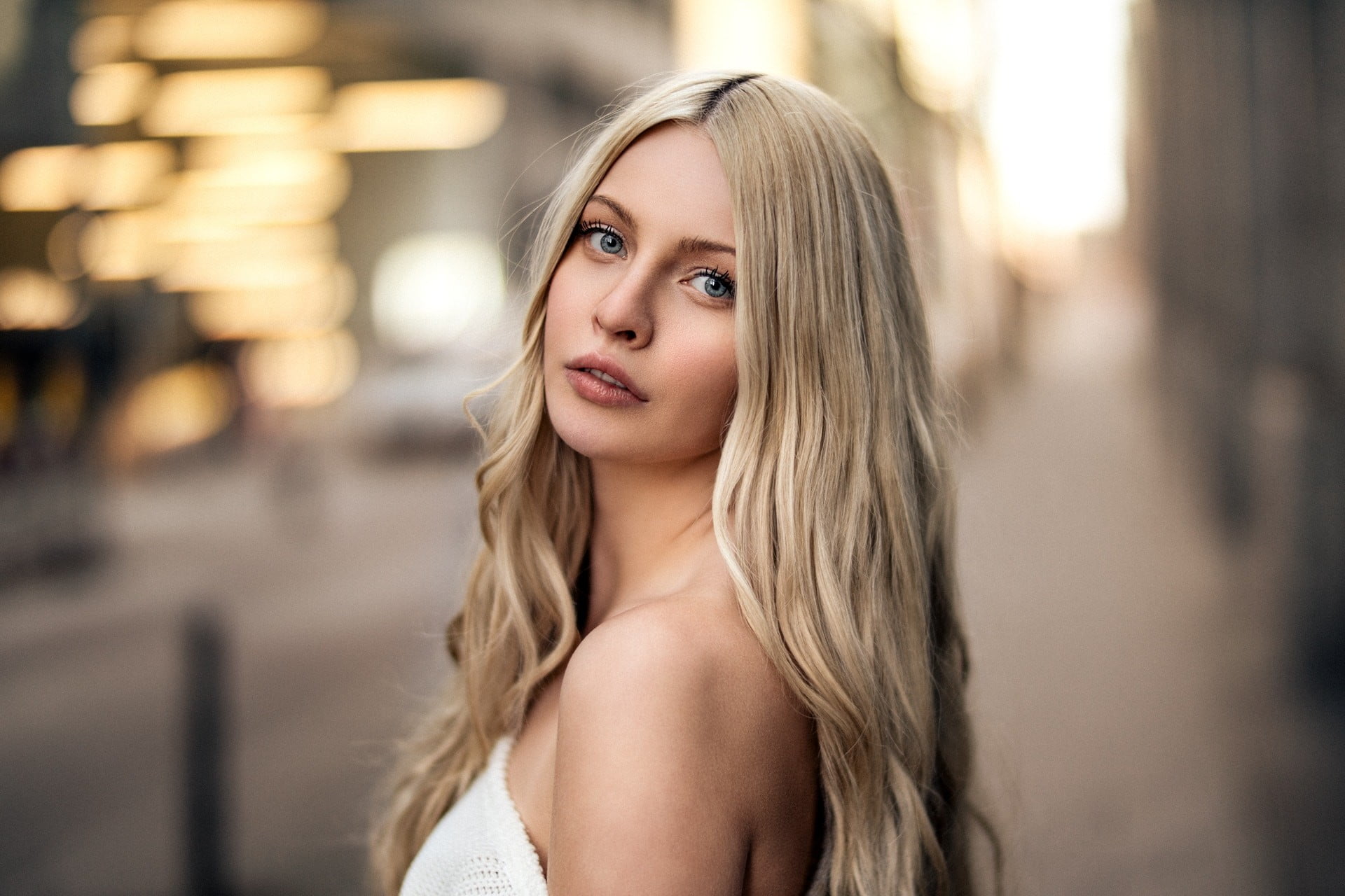 beauty, females, beautiful woman, fashion, blonde, hair, human face, bare shoulders, adult, looking at camera, long hair, blond hair, hairstyle, one person, HD Wallpaper