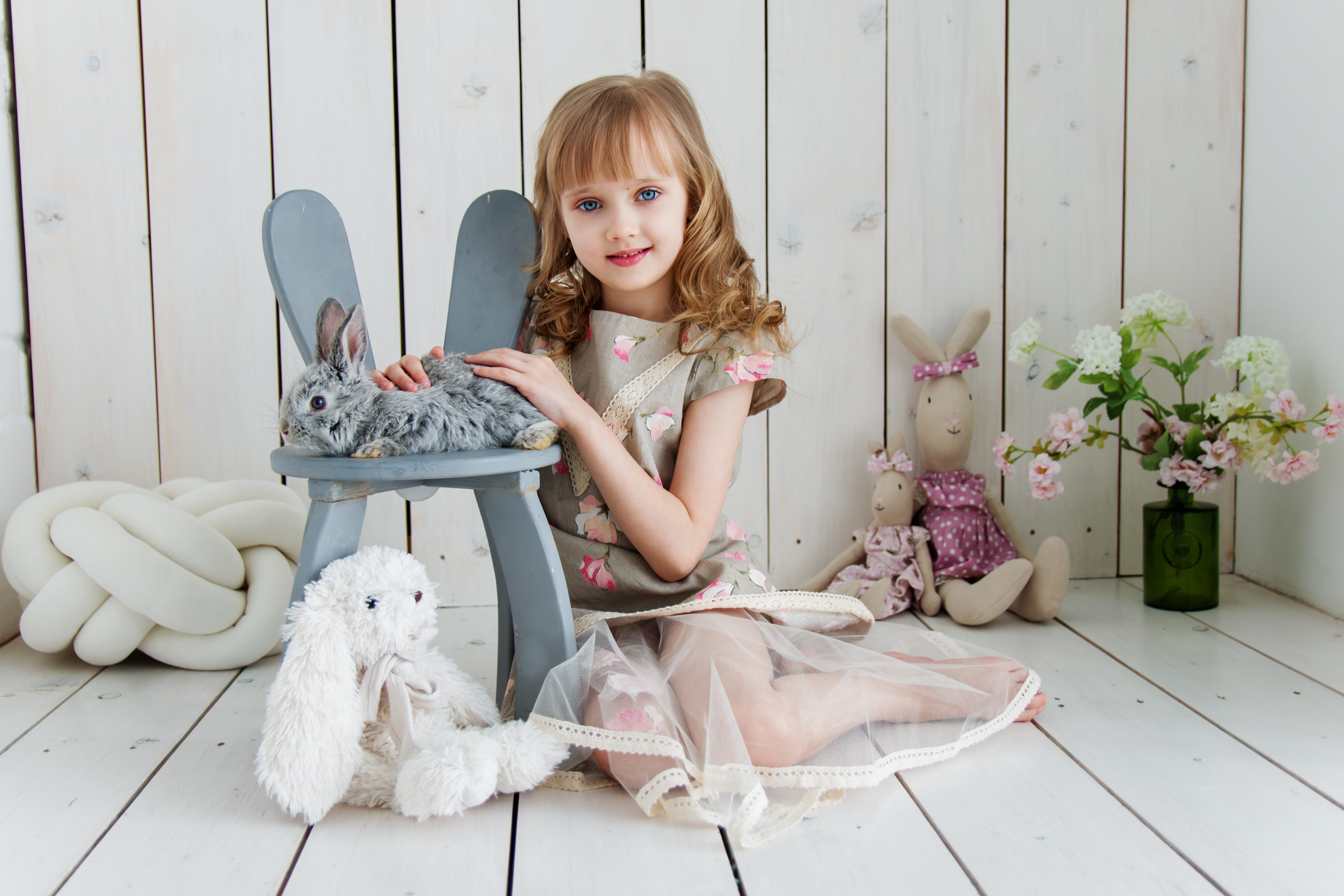 hare, cute, one person, kids, flooring, real people, pets, blonde, animal, child, baby, looking at camera, hairstyle, full length, mammal, innocence, studio, HD Wallpaper