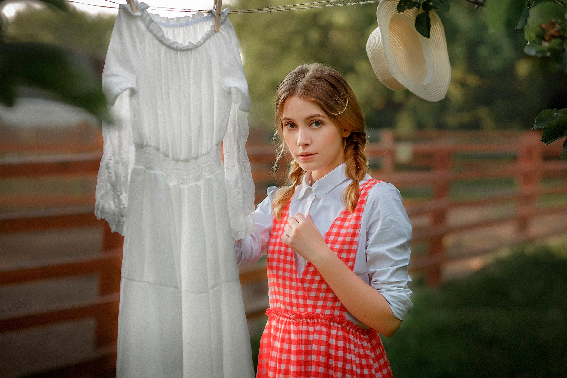 1080P, women, portrait, white clothing, hat, blonde, women outdoors, Ksenia Kokoreva, white dress, pigtails, HD Wallpaper