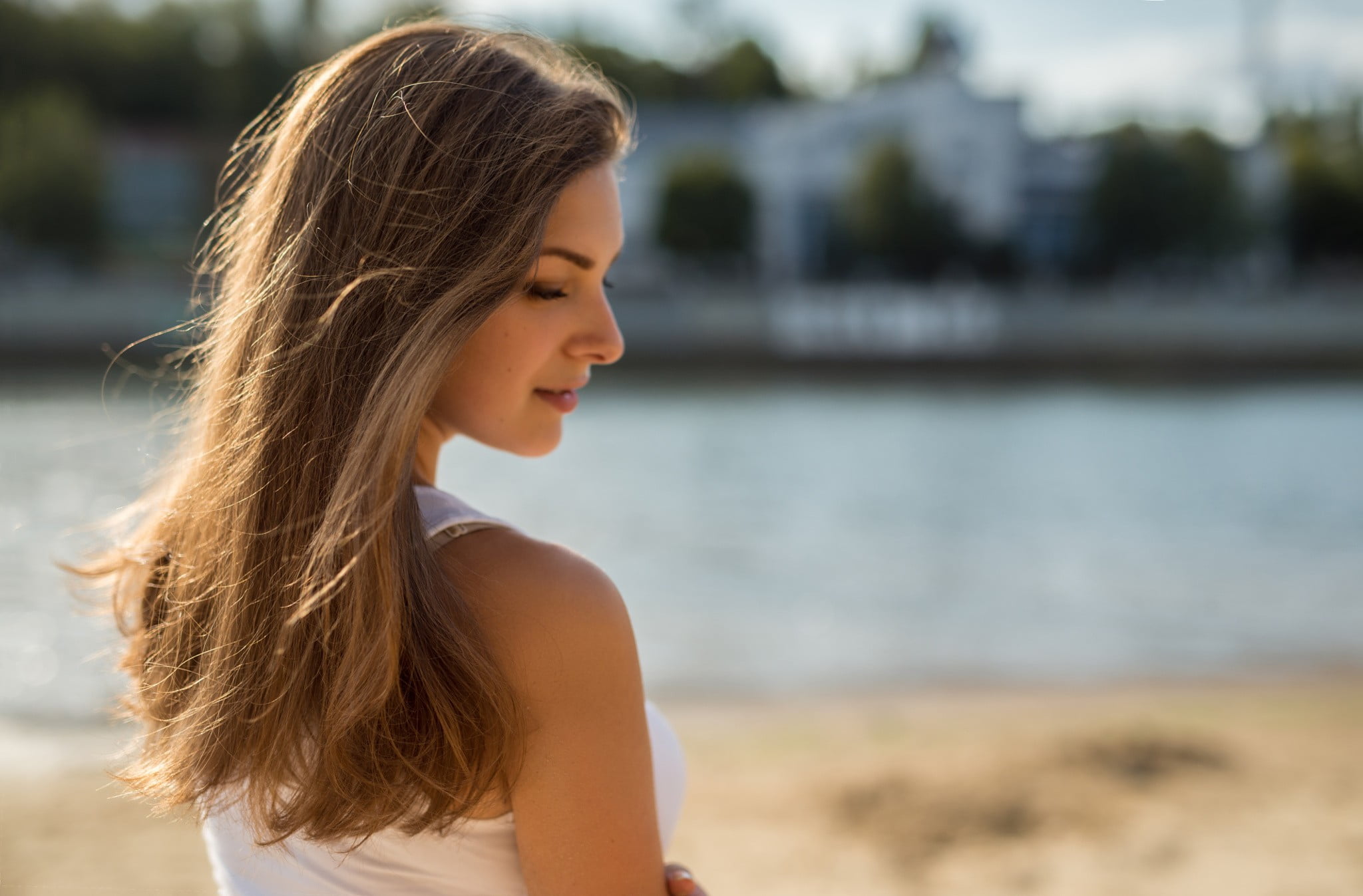 smiling, closed eyes, profile view, long hair, depth of field, day, standing, focus on foreground, hair, tank top, hairstyle, side view, young adult, teenager, HD Wallpaper