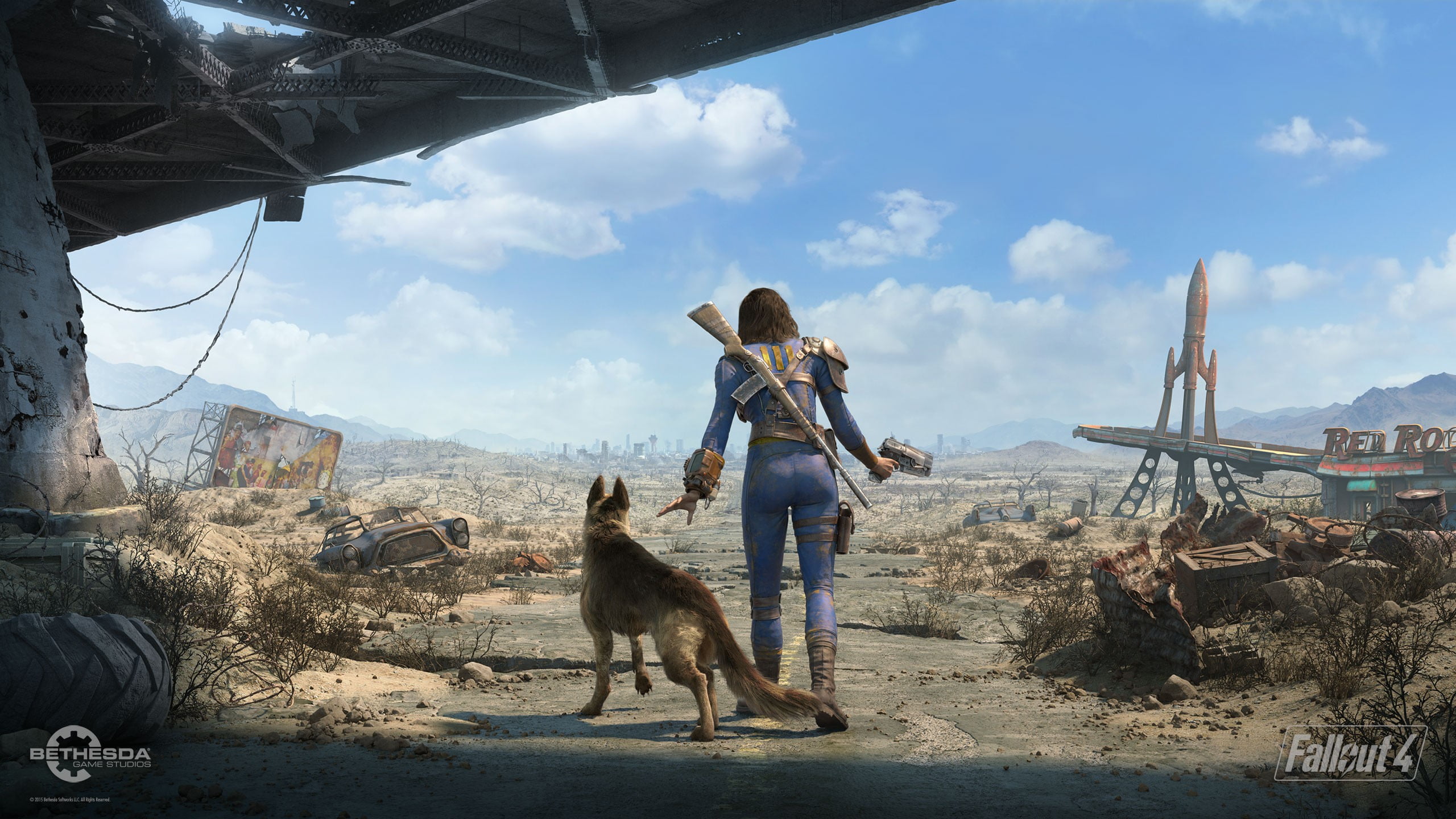 day, vaultgirl, mammal, canine, nature, casual clothing, domestic, animal themes, 2K, cloud - sky, sky, adult, Fallout 4, lifestyles, domestic animals, HD Wallpaper
