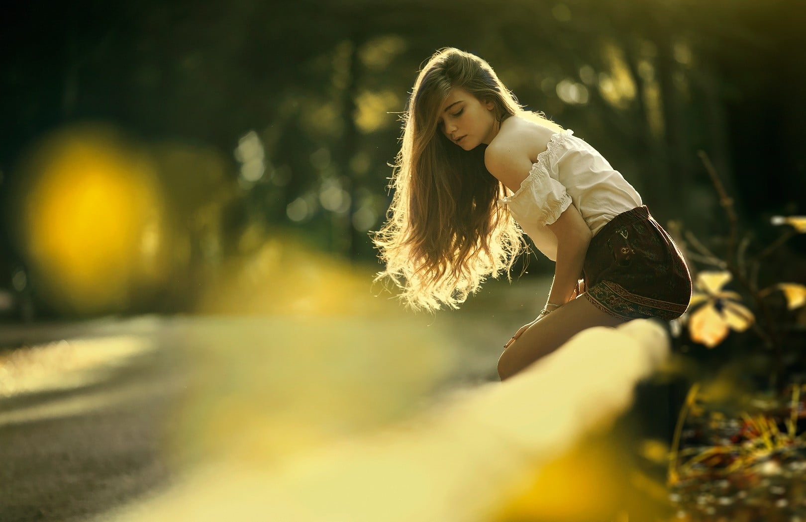 yellow, relaxation, wellbeing, cute, adult, white tops, casual Clothing, brown Hair, real people, caucasian Ethnicity, plants, white, day, sitting, three quarter length, HD Wallpaper