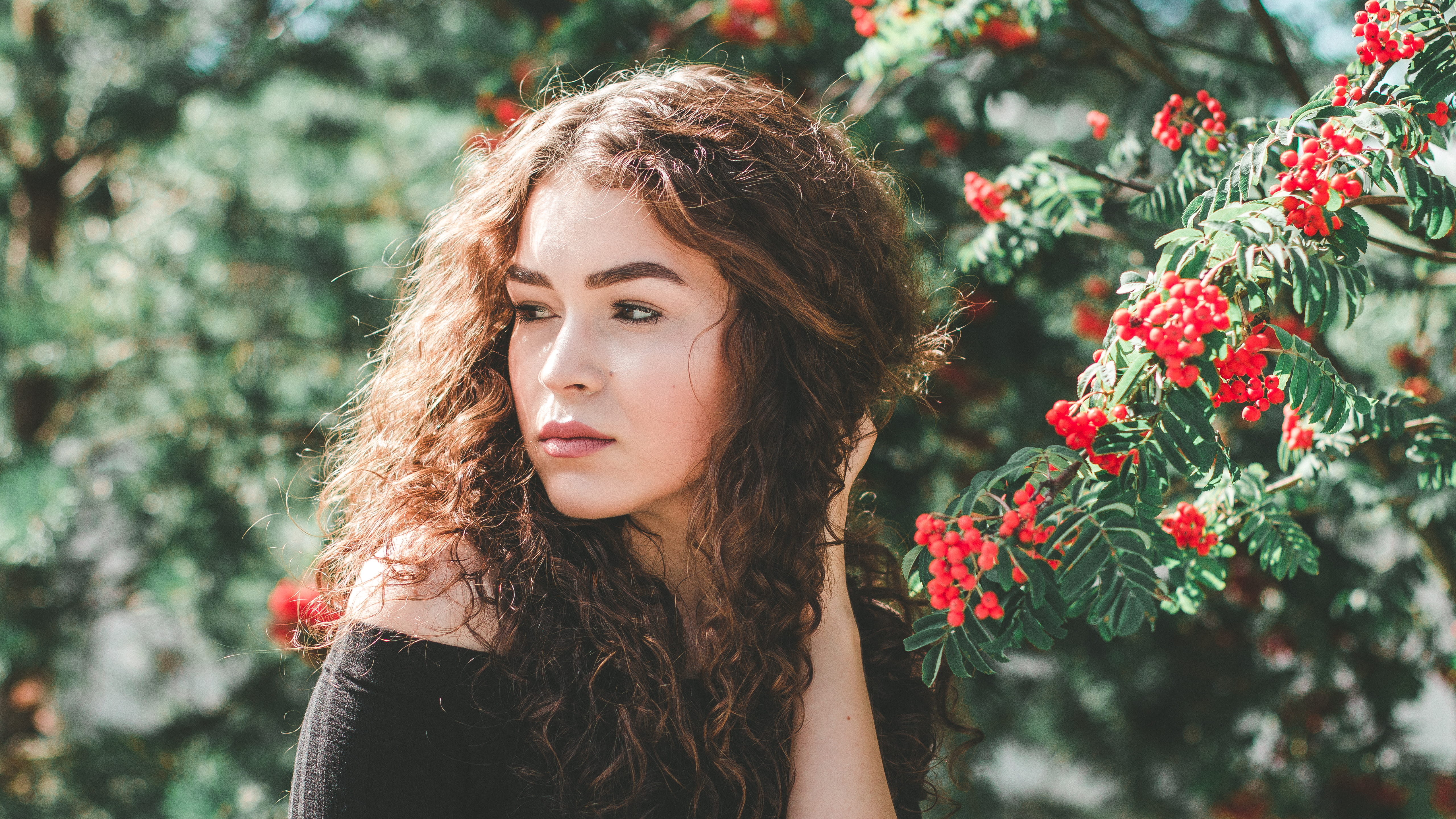 5K, adult, one person, portrait, brown hair, nature, woman, summer, beauty, women, pretty, shoulder, shirt, hair, beautiful woman, red, standing, wearing, HD Wallpaper
