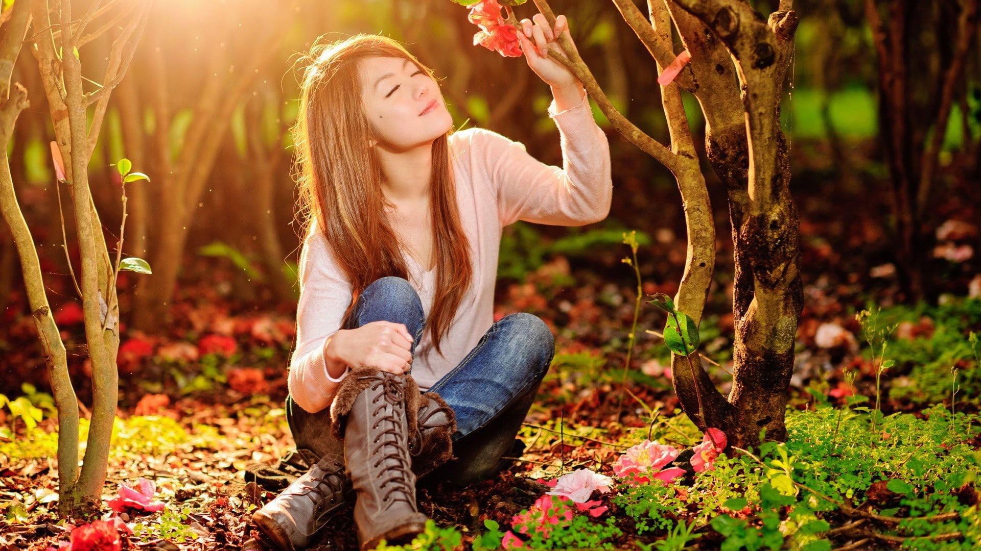 tree, blond hair, young women, casual clothing, women, flowers, closed eyes, human arm, jeans, young adult, 1080P, women outdoors, beauty, sunlight, one person, HD Wallpaper
