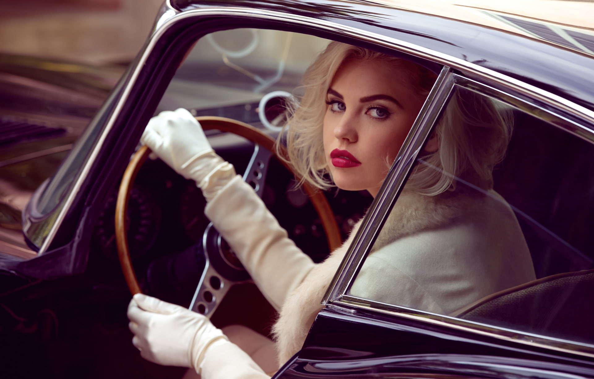 retro, car, portrait, eyes, 1080P, model, lips, style, blonde, face, Playboy, girl, Kayslee Collins, HD Wallpaper