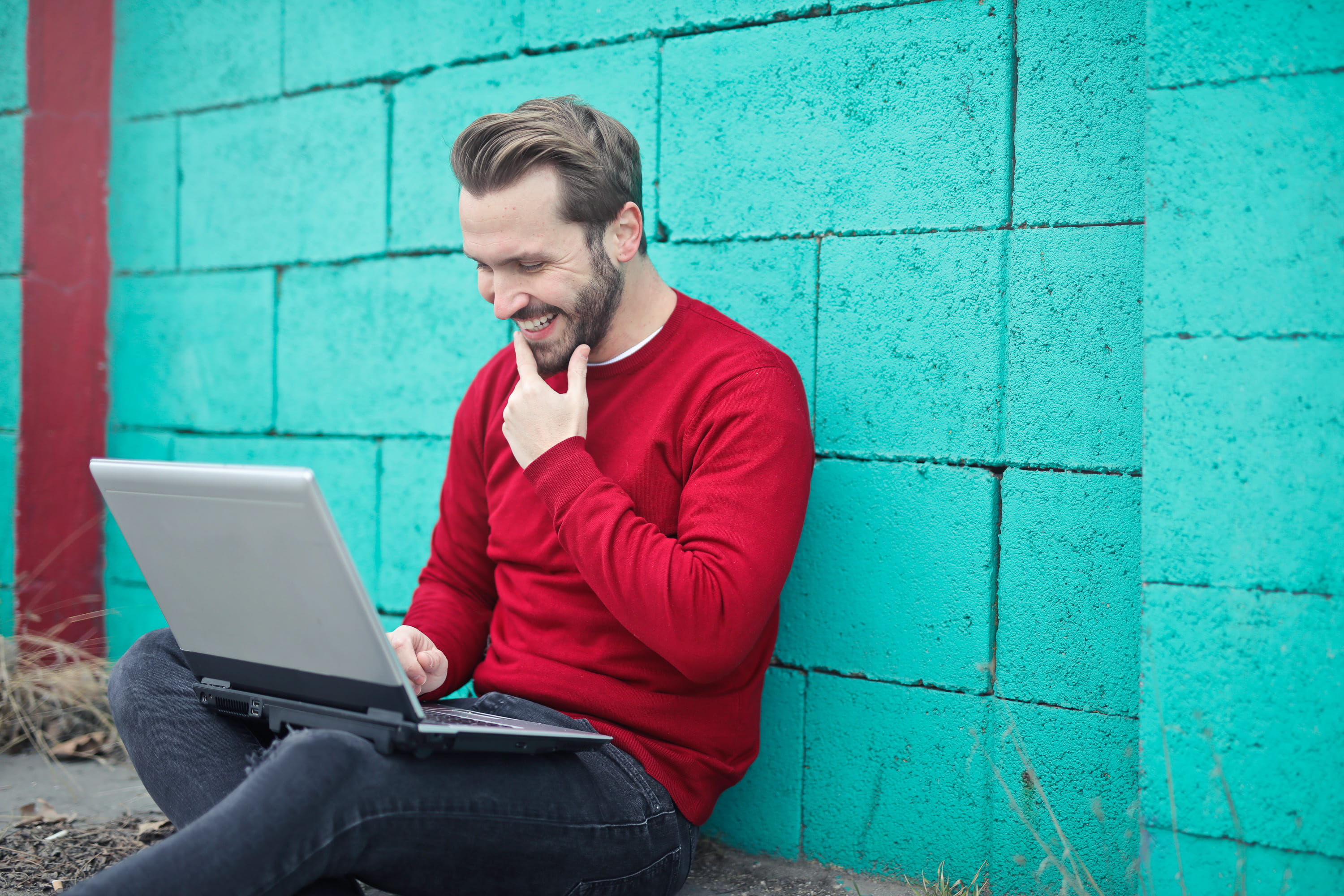 typing, technology, young adult, communication, outdoor, surfing the net, winter, male, 30-35 years old, urban, cheerfulness, Adult, turquoise brick wall, HD Wallpaper