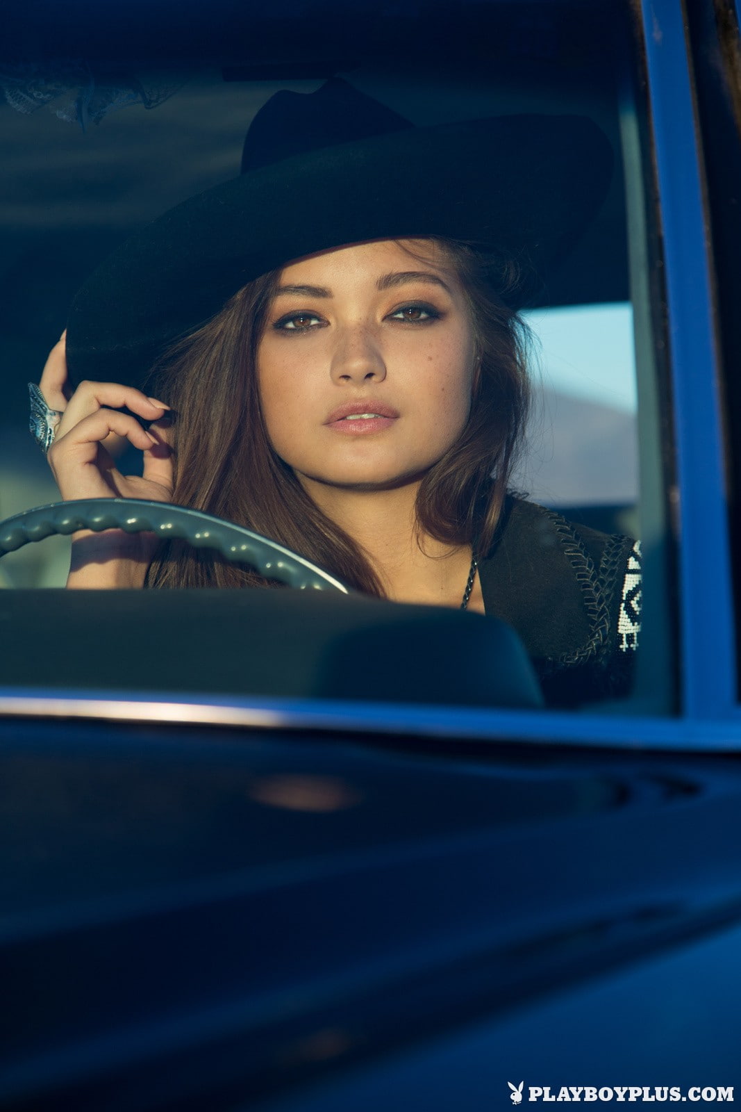 720P, long hair, brunette, brown eyes, Chelsie Aryn, Playboy, women, hat, Phone HD Wallpaper