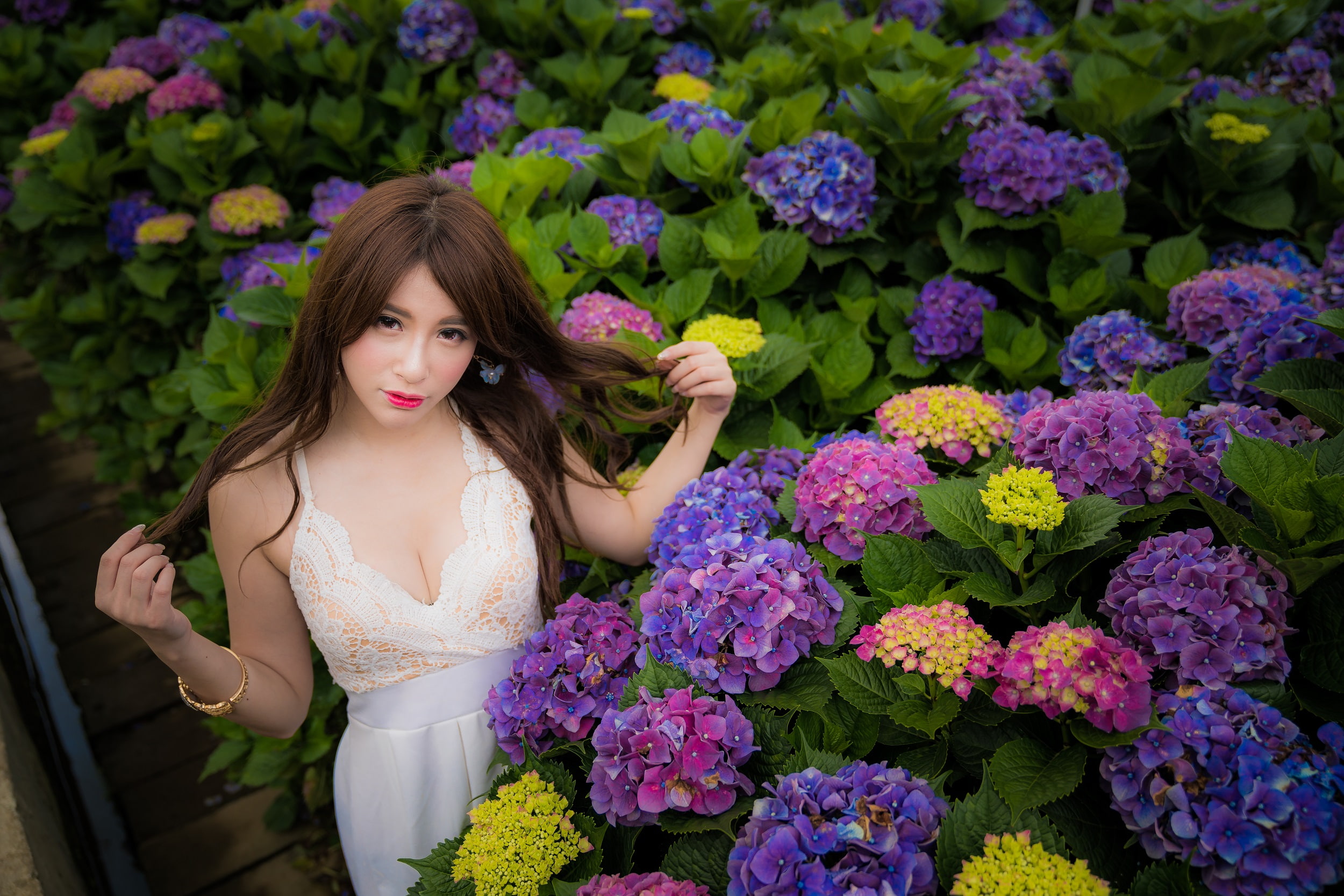 one person, 1080P, adult, flowers, front view, flower arrangement, Asian, purple, dress, looking at viewer, brunette, flower, portrait, hairstyle, young women, HD Wallpaper