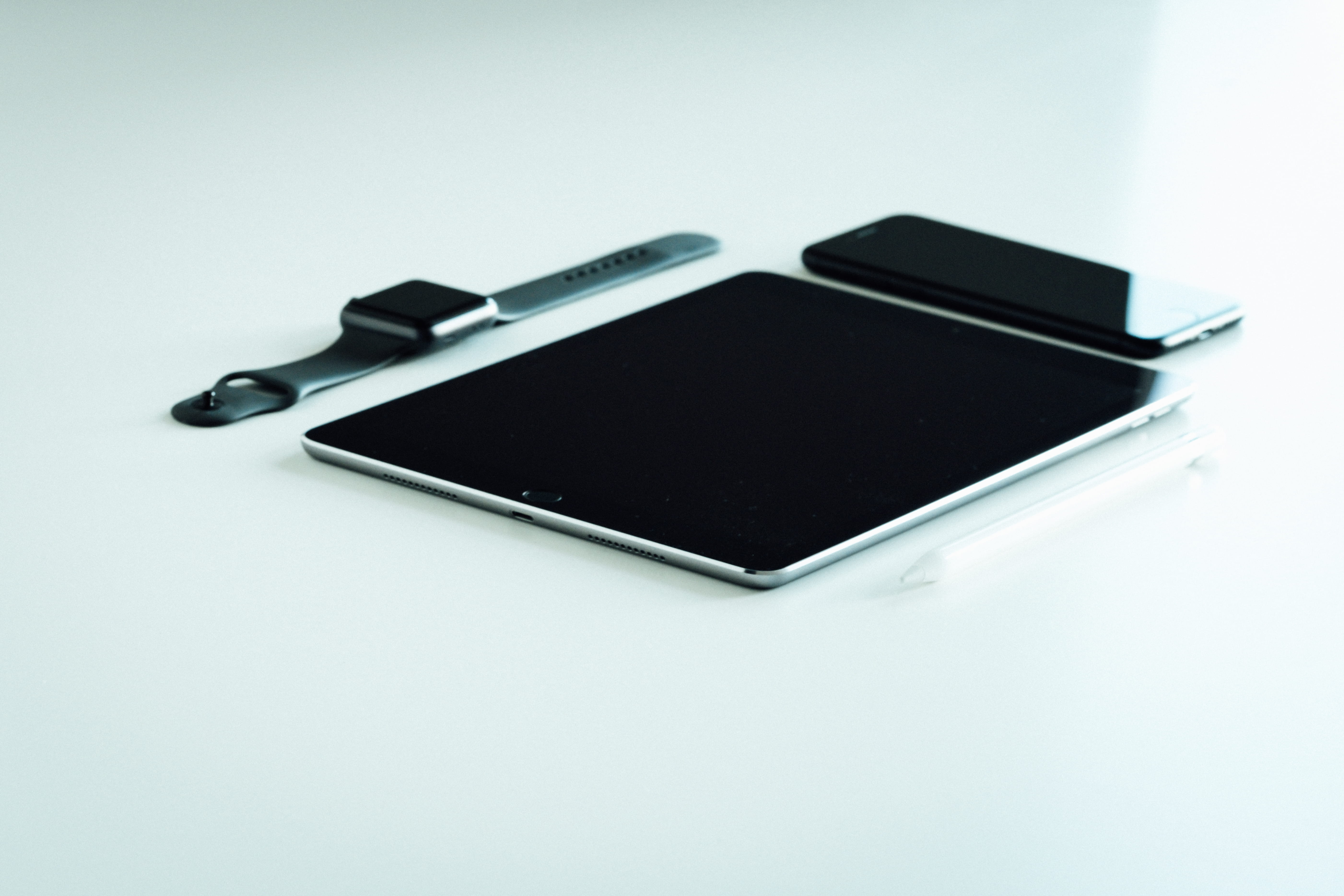 business, tablet, office supply, education, close-up, high angle view, copy space, technology, black color, gray, watch, table, no people, white background, HD Wallpaper