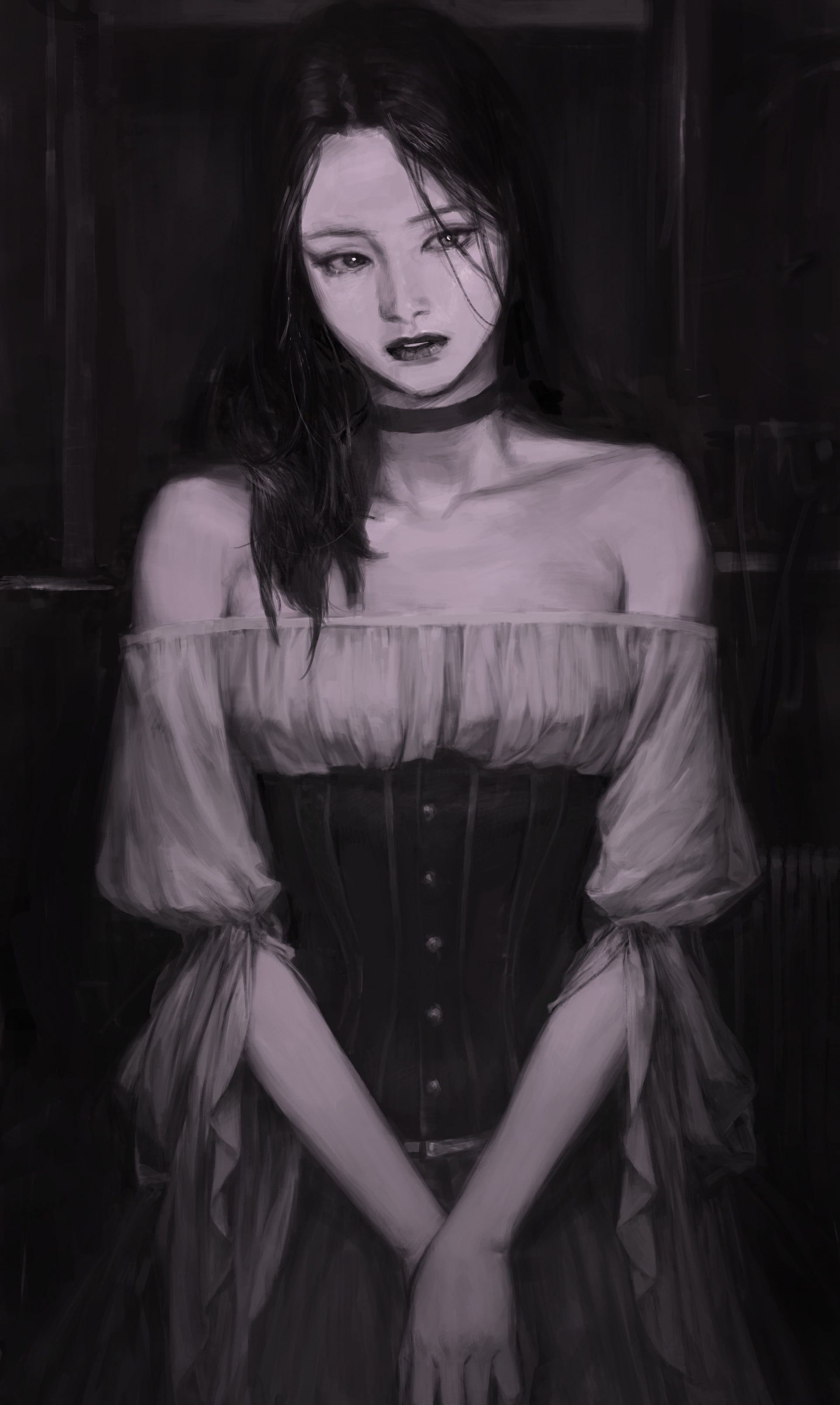 beautiful woman, 2K, young adult, dark, young women, three quarter length, spooky, nightie, females, fashion, clothing, adult, looking at camera, front view, Phone HD Wallpaper